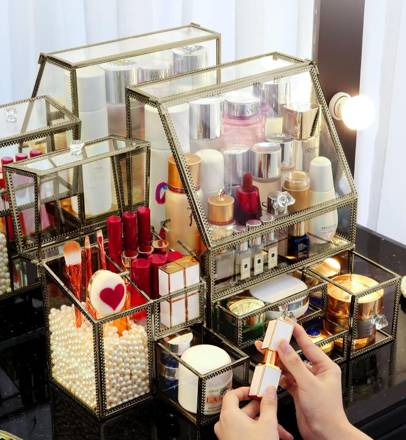 Hersoo Glass Antique Brass Stackable Drawer Set Makeup Organizer for Vanity Antique Countertop Vanity Cosmetic Storage Box Mirror Glass Beauty Display