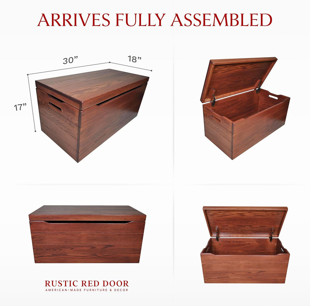 Amish Made Wooden Storage Chest Trunk Box with Lid and Handles for Bedroolanket, Clothes, Anti-Slam Hinges, Handmade, Rustic, Oak Wood, Cherry Stain, 30"