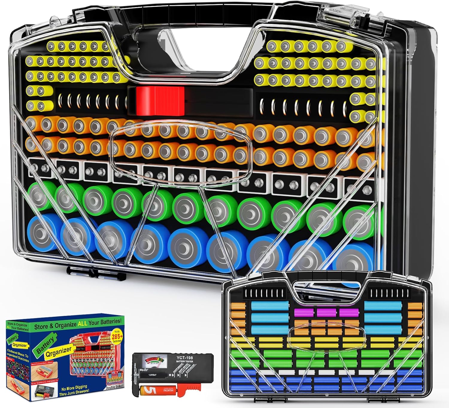 Battery Organizer Storage Holder Box Case with Tester, New Ultra-Large 285+Batteries Double-Sided Variety Pack, Holds AA AAA 4A C D Button Cell 9V 3V Lithium18650 CR2 CR123 CR1632 LR44 (Black)