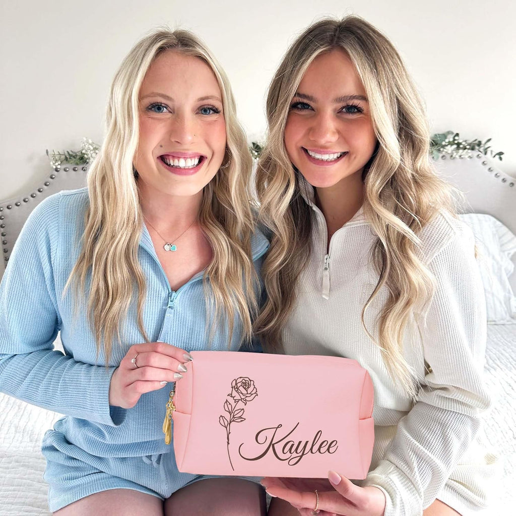 Personalized Makeup Bag with Name & Birth Flower, Custom Leather Cosmetic Bags for Women, Customized Travel Toiletry Bag Gifts for Bridesmaid Wedding