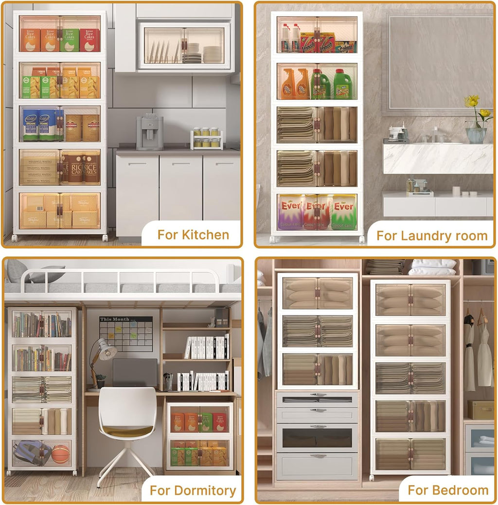 600Qt Stackable Storage Bins with Lids, 5 Pack Large Collapsible Bins with Wheels, Plastic Cabinet with Doors, Foldable Closet Organizers and Storage for Home, Dorm, Office, White