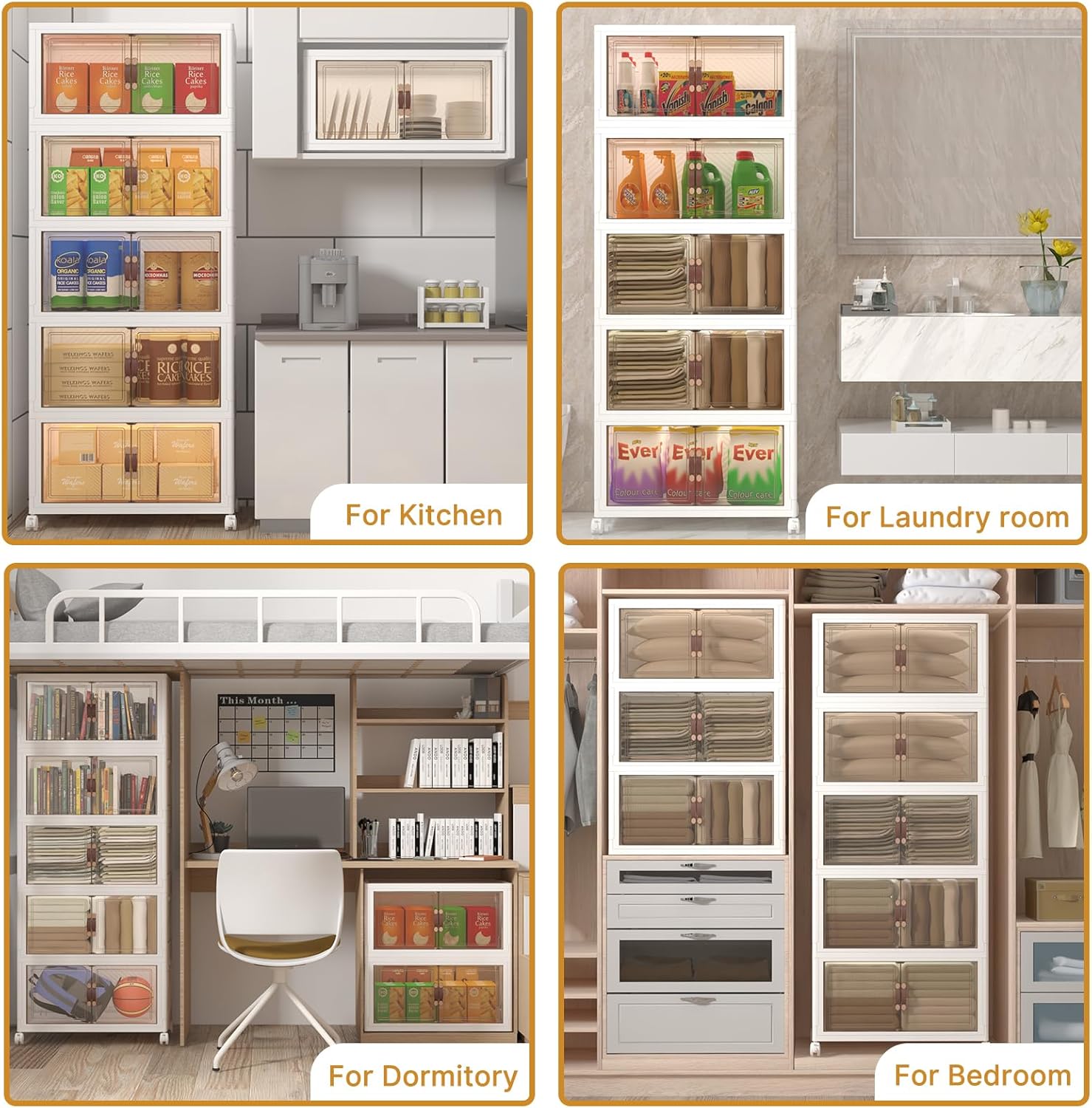 600Qt Stackable Storage Bins with Lids, 5 Pack Large Collapsible Bins with Wheels, Plastic Cabinet with Doors, Foldable Closet Organizers and Storage for Home, Dorm, Office, White