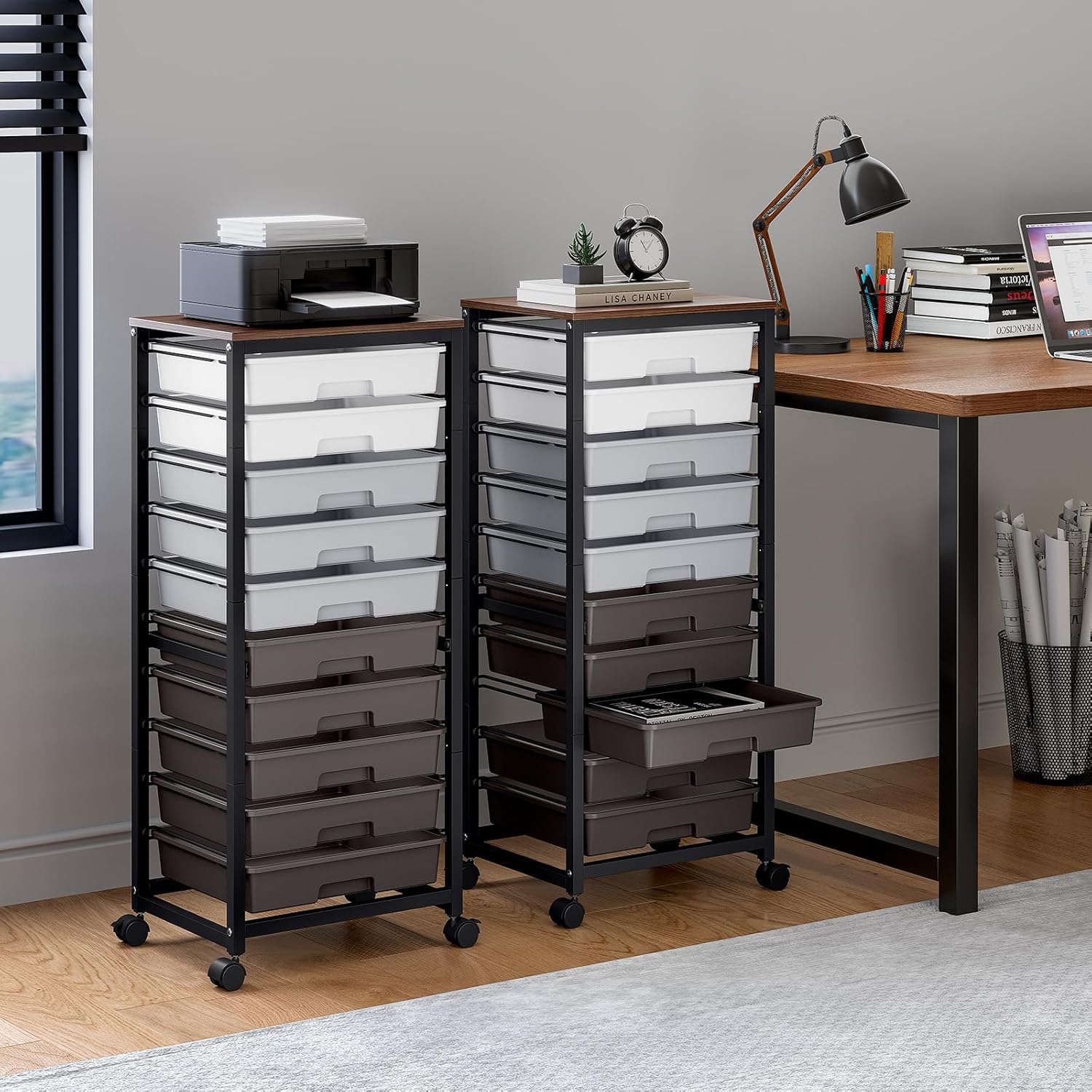 Rolling Cart with Drawers,10 Drawer Rolling Cart,Storage Cart,Utility Cart,Teacher Cart for Classroom Storage,Craft Cart with Wheels and Wooden Tabletop,Grey