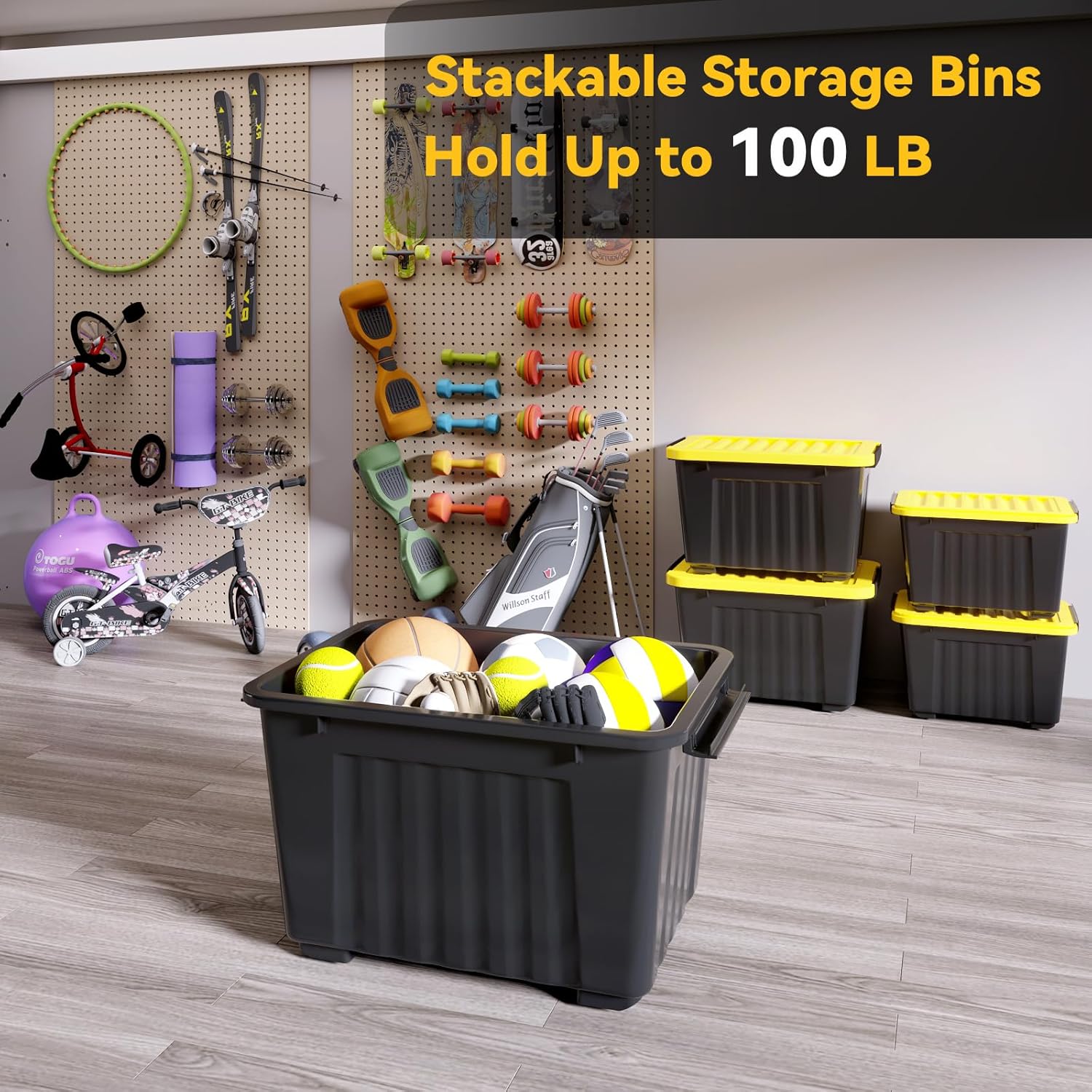 Nazhura 97 Quart Plastic Storage Bin, Stackable and Nestable Storage Boxes with Yellow Lids and Secure Latching Buckles, Large Storage Container (Black/Yellow, 97Quart-6Pack)
