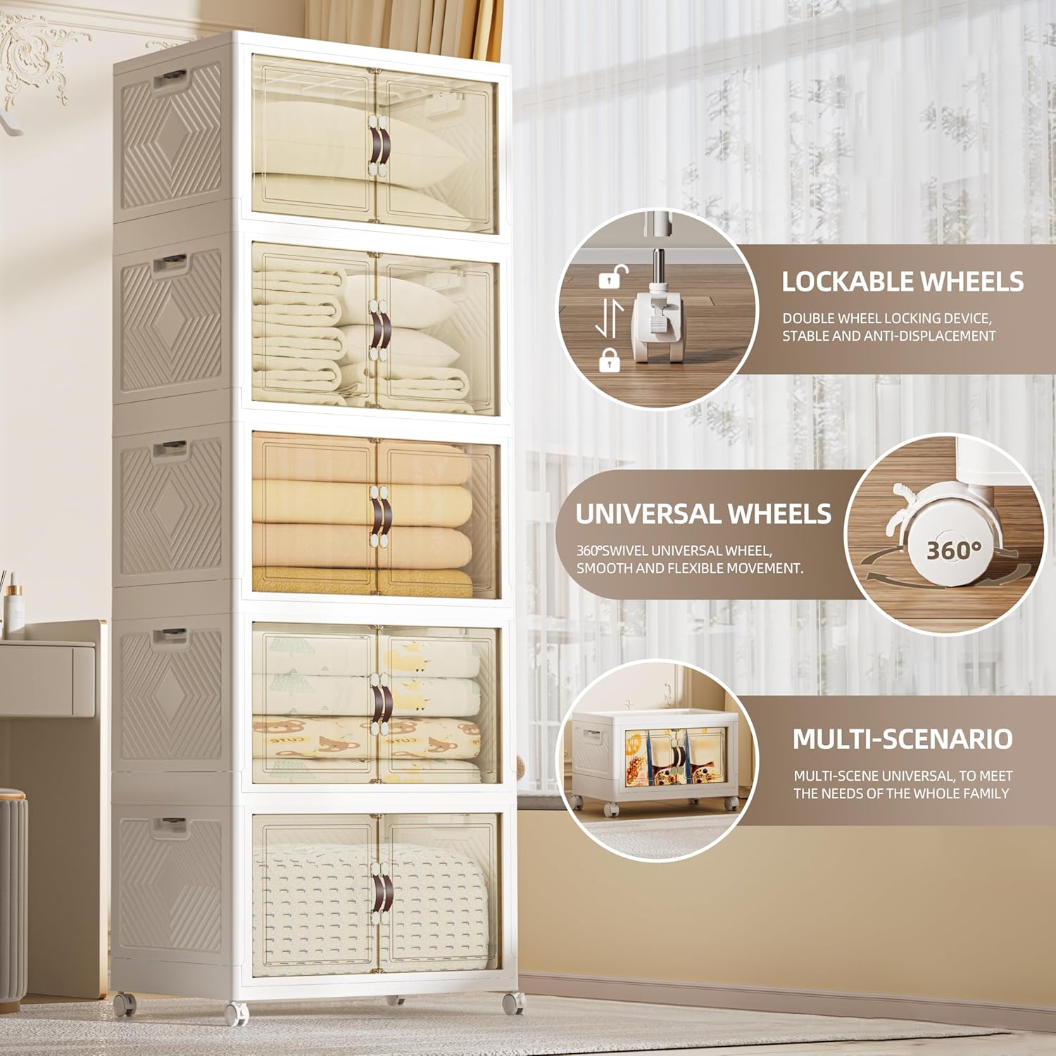 520 QT / 130 Gal Large Foldable Stackable Plastic Storage Cabinet with Double Magnetic Doors, Leather Handles & 4 Wheels - Organize Home, Office, Closet