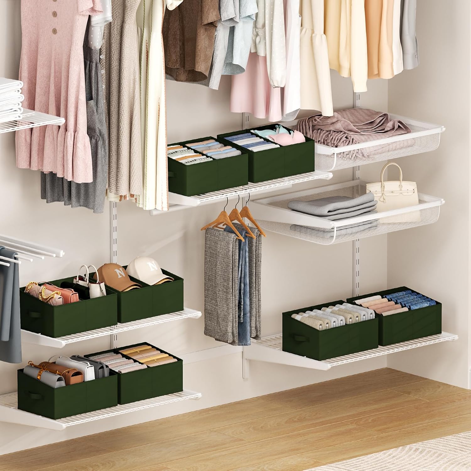 DIMJ Large Closet Shelf Organizer Bins 8 Packs with Handles and Divider, Fabric Trapezoid Storage Baskets, Foldable Clothes Containers Box for Shelf, Towel, Book, Toy, Purse, Hats, Green