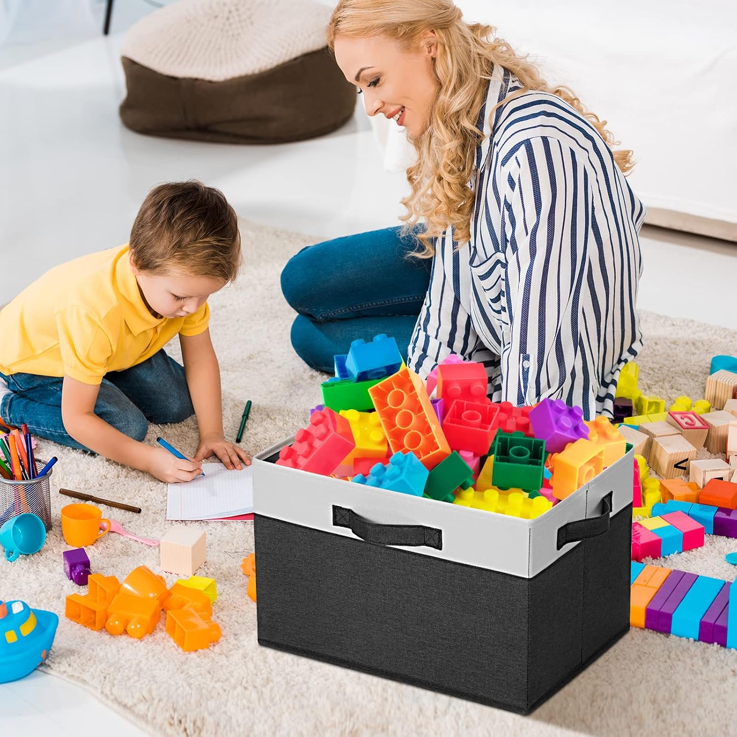 GhvyenntteS Large Storage Baskets for Shelves 6 Pack, Collapsible Fabric Storage Bins with 3 Handles, Decorative Closet Organizers and Storage bins for Clothes Blanket Beddings (Black, 15"x11"x9.6")