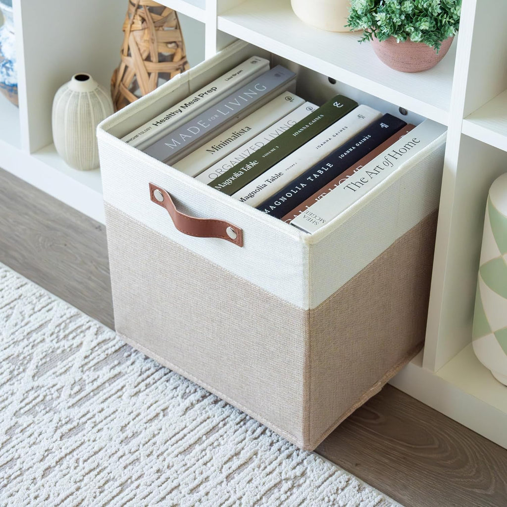 OrganiHaus 11" x 11" x 11" Fabric Cubes Storage Bins Set of 4, Foldable Collapsible Canvas Storage Bins for Organizer, Toy Organizer for Kallax, 11 Inch Linen Cube Shelf Baskets - Beige/White