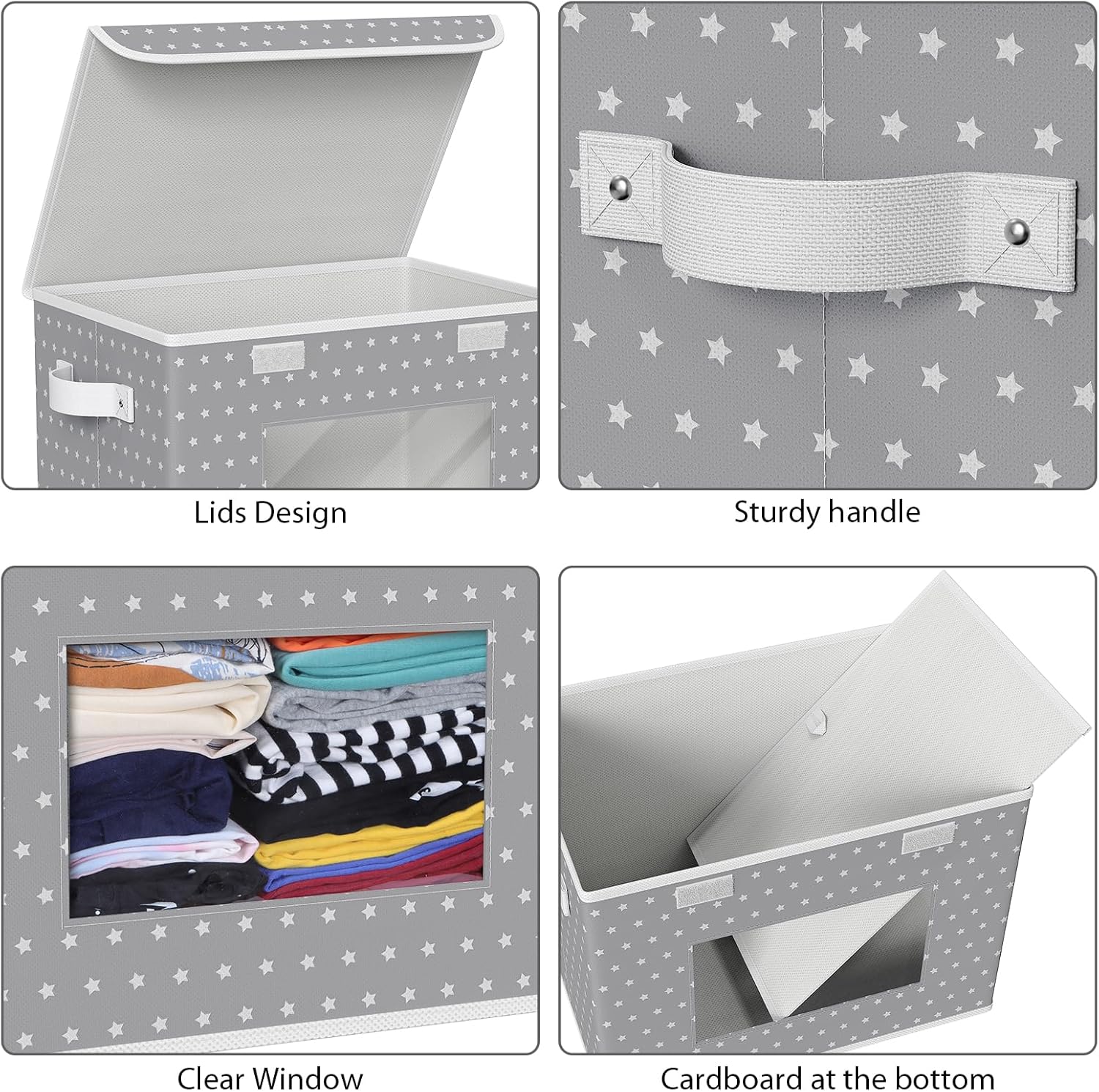 Univivi Fabric Foldable Storage Boxes [4-Pack] Large Collapsible Stackable Storage Bins with Lids, Closet Organizers and Storage Cube Basket for Home, Office, Bedroom (Gray Star, 17”x 12” x 12”)
