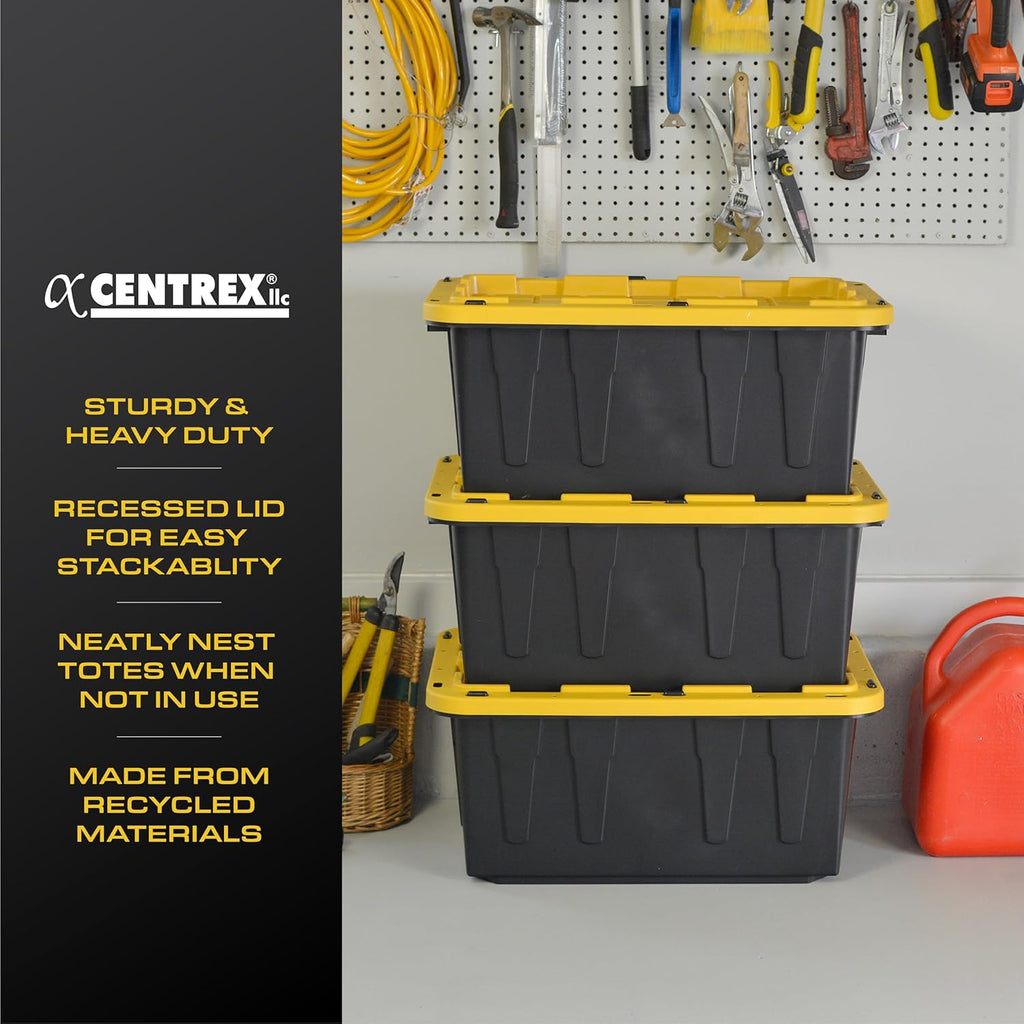 BLACK & YELLOW, 17-Gallon Heavy Duty Tough Storage Container & Snap-Tight Lid, (12.5H x 18W x 26.9D), Weather-Resistant Design and Stackable Organization Tote [4 Pack]