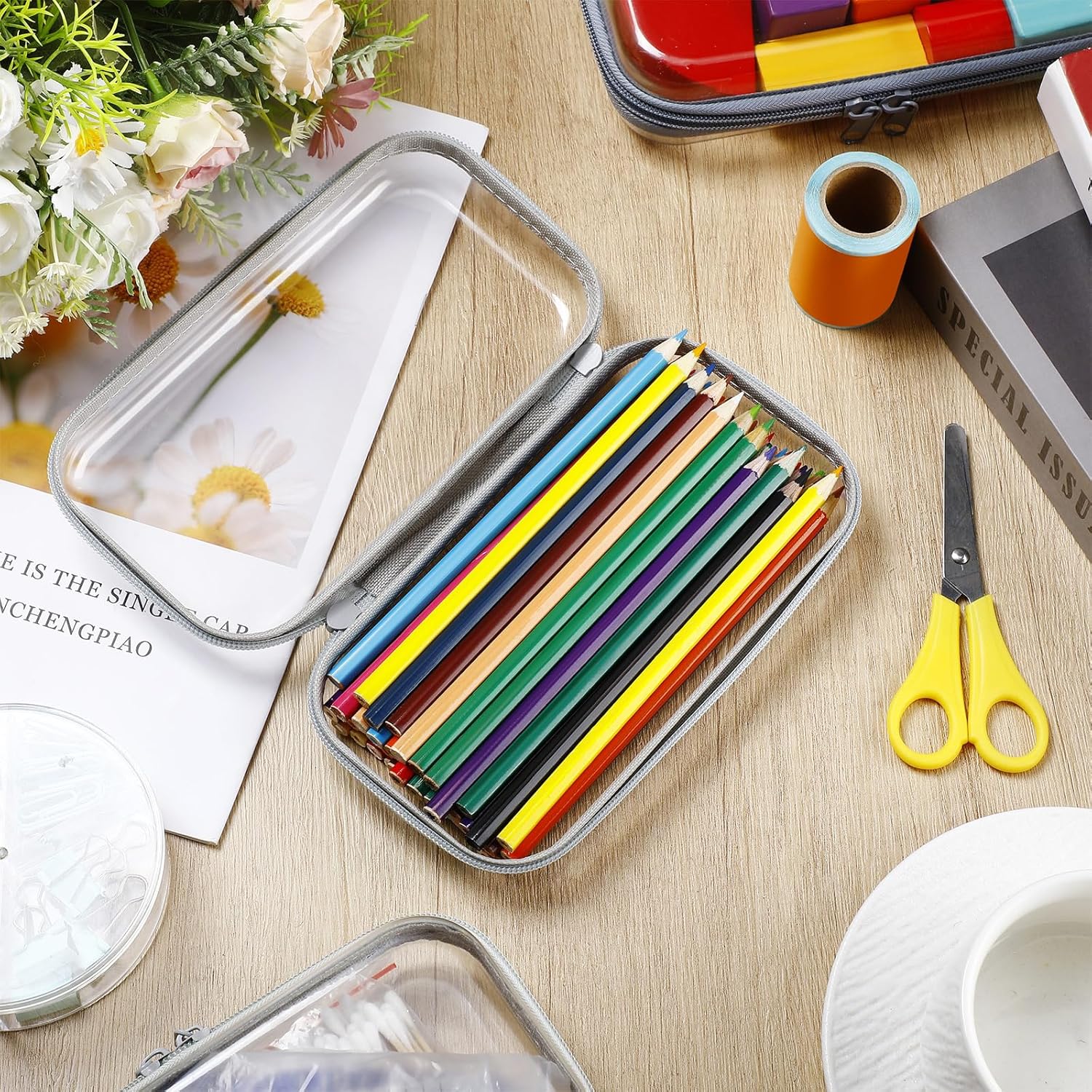 Sanwuta 6 Pcs Clear Hard Zipper Case Hard Plastic Zipper Pouches Transparent Makeup Bag Pencil Pouches for Travel Snacks Christmas Trinket Storage Organizer Box(Blue-green,7.48 x 3.94 x 2 Inch)