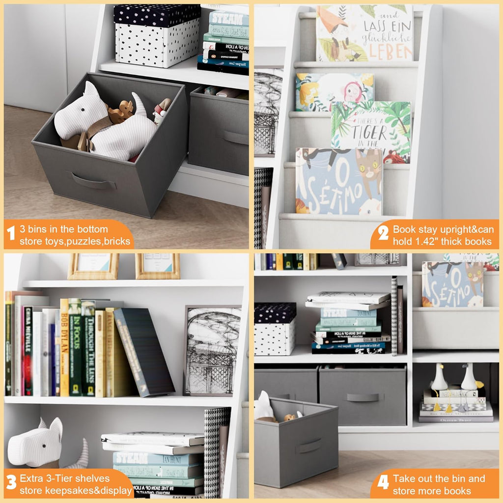 White Kids Bookshelf Wood Montessori Toy Storage Organizer Cabinet Shelf Child Bookcase Toddler Baby Sling Book Rack 3 Cube Bin Fabric Drawers for Playroom Bedroom Nursery School