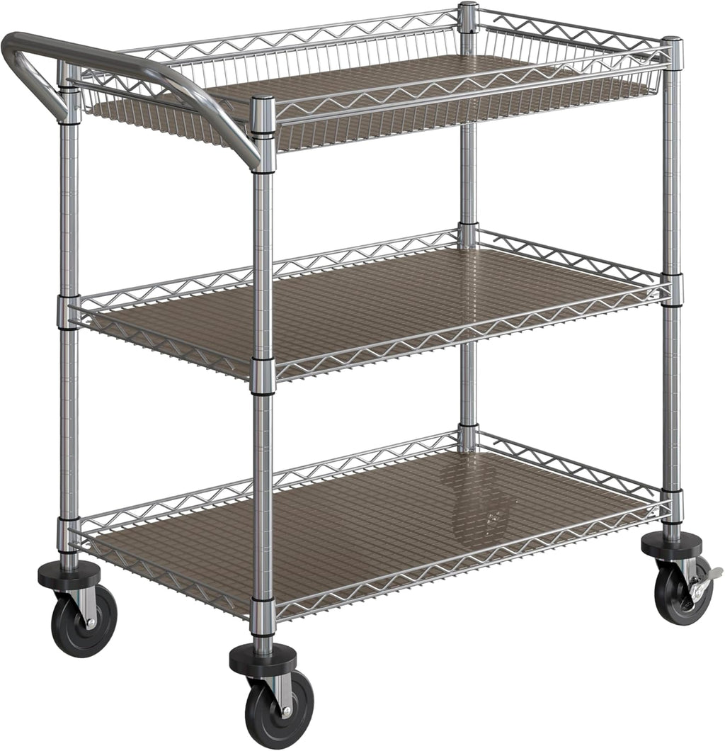 Seville Classics UltraDurable NSF Commercial Heavy Duty Metal Rolling Utility Cart, w/ Steel Shelves, Handle Bar for Restaurant, Garage, Warehouse, Kitchen, Office, Top Basket 35.5"W x 20.25"D, Chrome