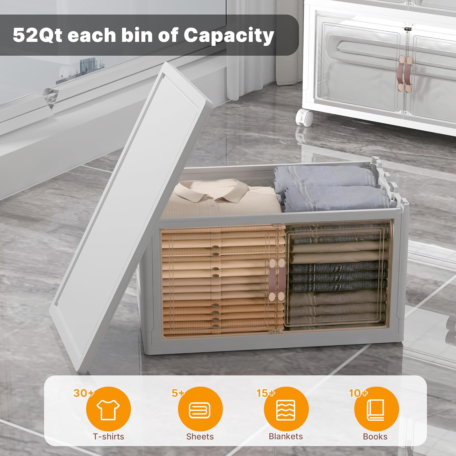 Extra Large Stackable Storage Bins with Lids & Wheels & Door, 336QT-112QT/28GAL*3Pack Foldable Collapsible Closet Organizers, Plastic containers drawers for bedroom Dorm