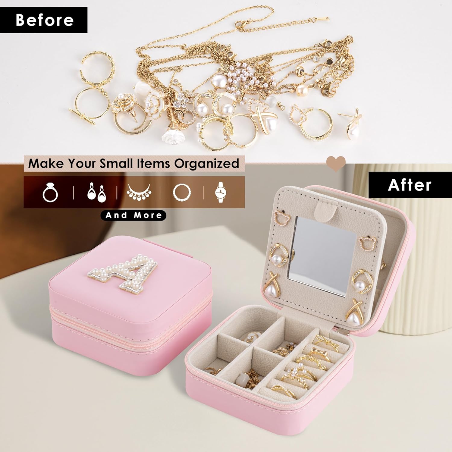 Initial Jewelry Box, Travel Jewelry Case, Gift for Women, Girls, Pink, Classic Style