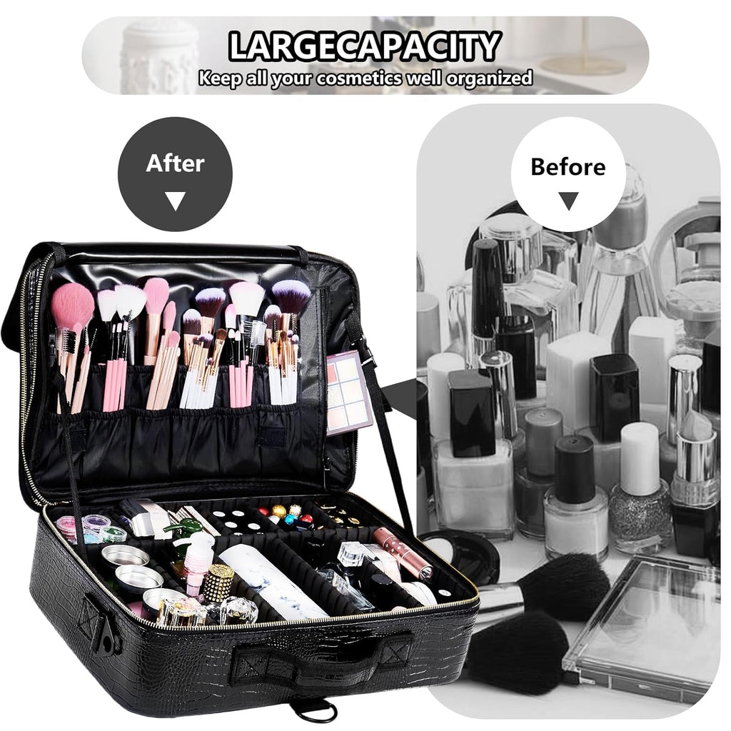 gzcz Large Capacity Travel Makeup Case Organizer,Professional Cosmetic Bags for Women,Waterproof PU Leather Makeup Bag with Adjustable Dividers and Shoulder Strap for Brushes and Jewelry