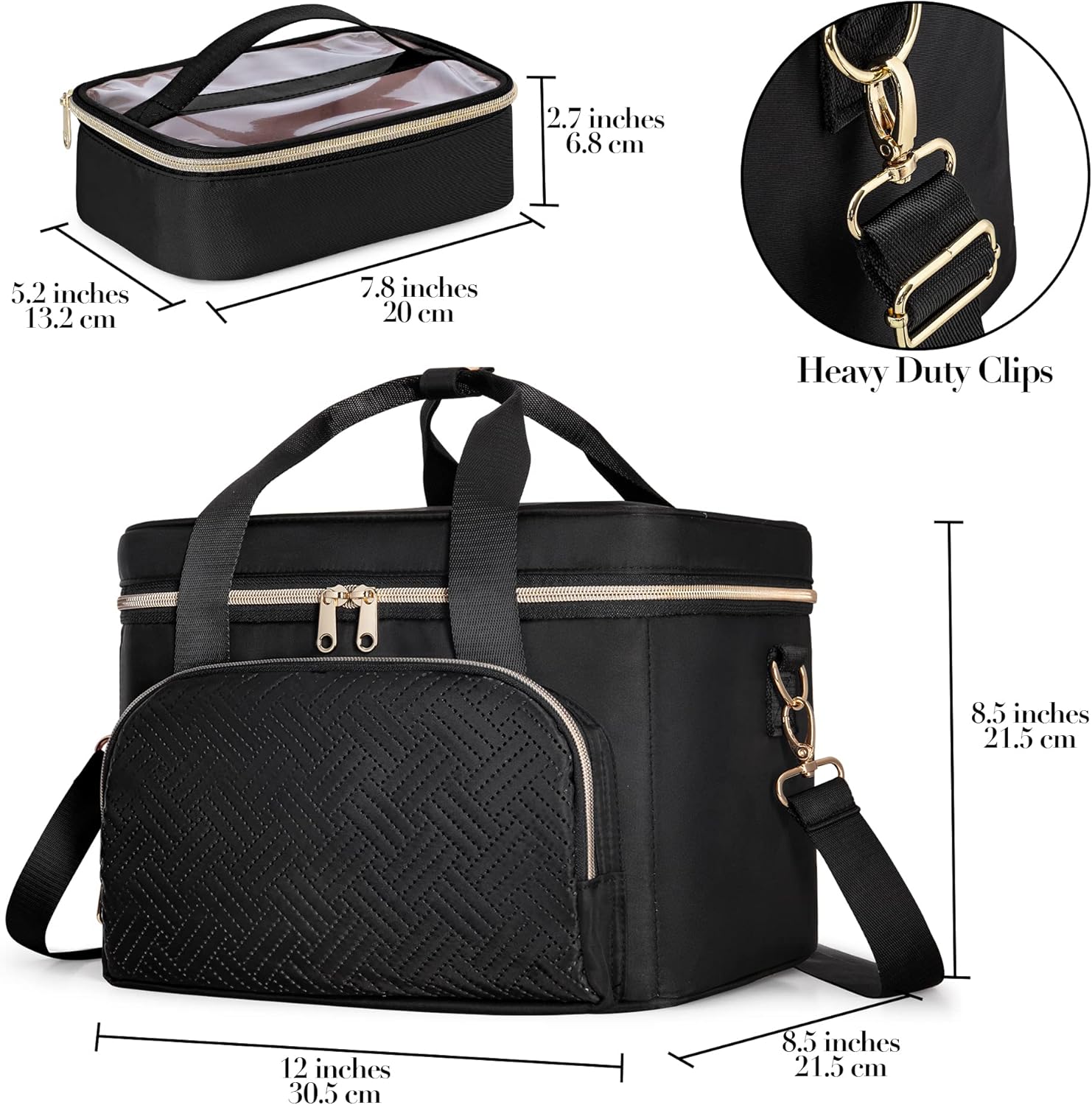 Travel Makeup Bag with 2 Pouches and Adjustable Dividers, Large Cosmetic Case Make up Organizer for Women Fits Bottles Vertically, Black (Patented Design)