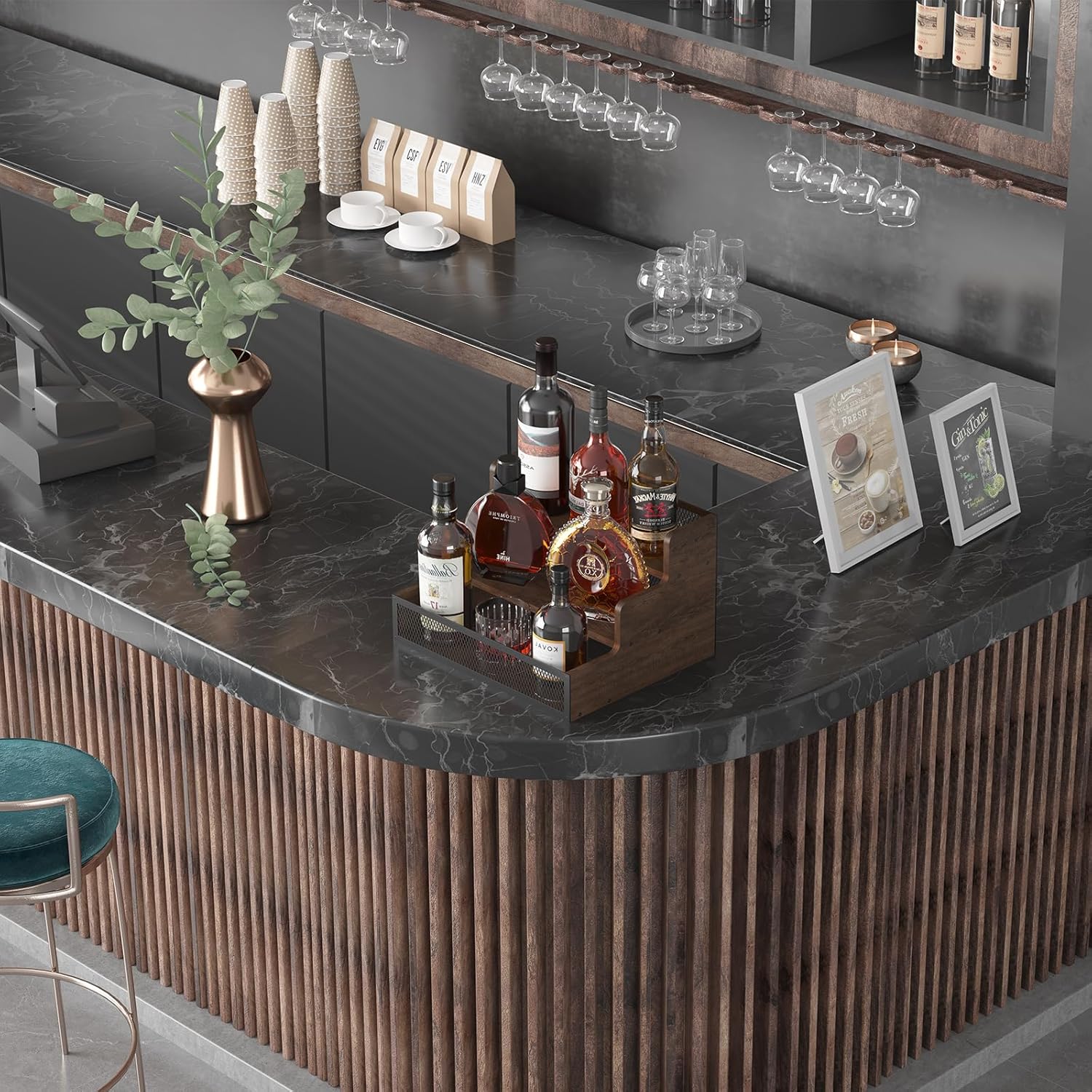 3-Tier Liquor Bottle Display Shelf, Rustic Wooden Bottle Holder Stand for Liquor Whiskey Wine Coffee Bottle Display with Fences, Storage Countertop Shelf for Café, Bar, Office Station