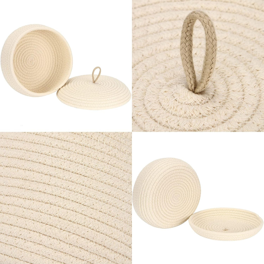 Sea Team Round Cotton Rope Storage Basket with Lid, Decorative Woven Storage Bin, Pot, Caddy, Organizer, Container for Snacks, Towels, Plants, 10 x 4.5 Inches (Small, Shallow, Cream)