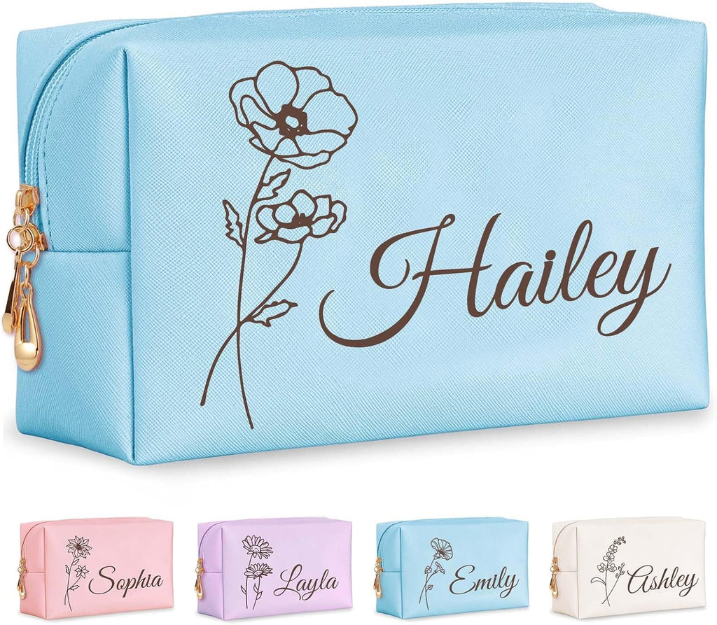 Personalized Makeup Bag with Name & Birth Flower, Custom Leather Cosmetic Bags for Women, Customized Travel Toiletry Bag Gifts for Bridesmaid Wedding