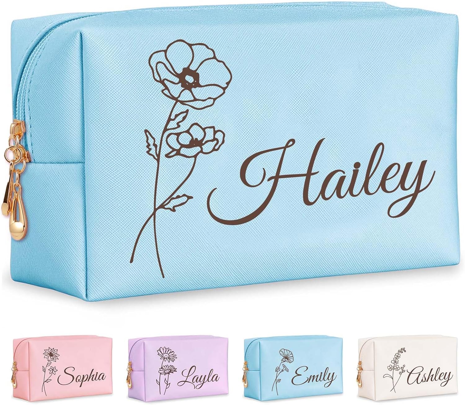 Personalized Makeup Bag with Name & Birth Flower, Custom Leather Cosmetic Bags for Women, Customized Travel Toiletry Bag Gifts for Bridesmaid Wedding