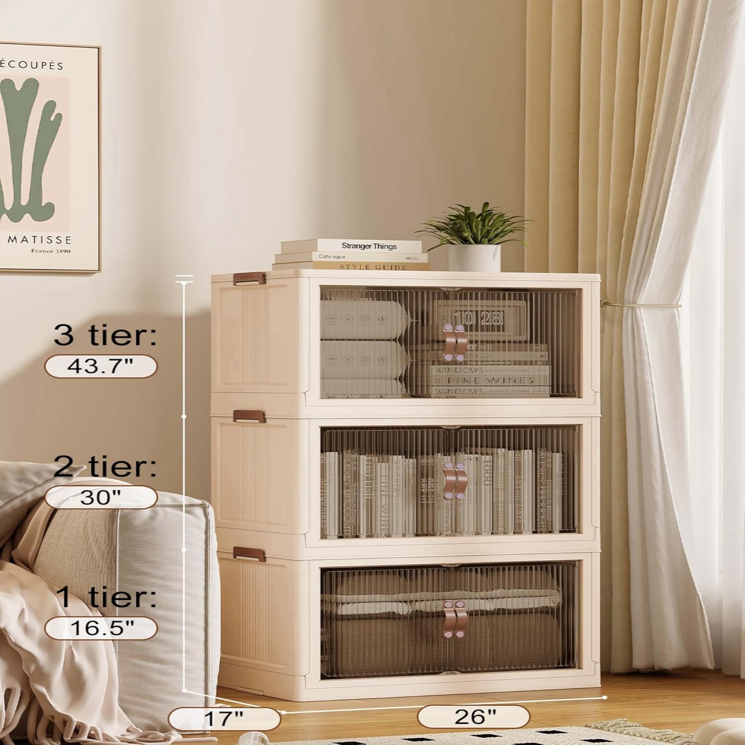 SAILUN 87Gal/348Qt Stackable Storage Bins Folding Collapsible Storage Bins with Lid, Closet Organizers and Storage Beige 26" W x 17" D x 43.7" H