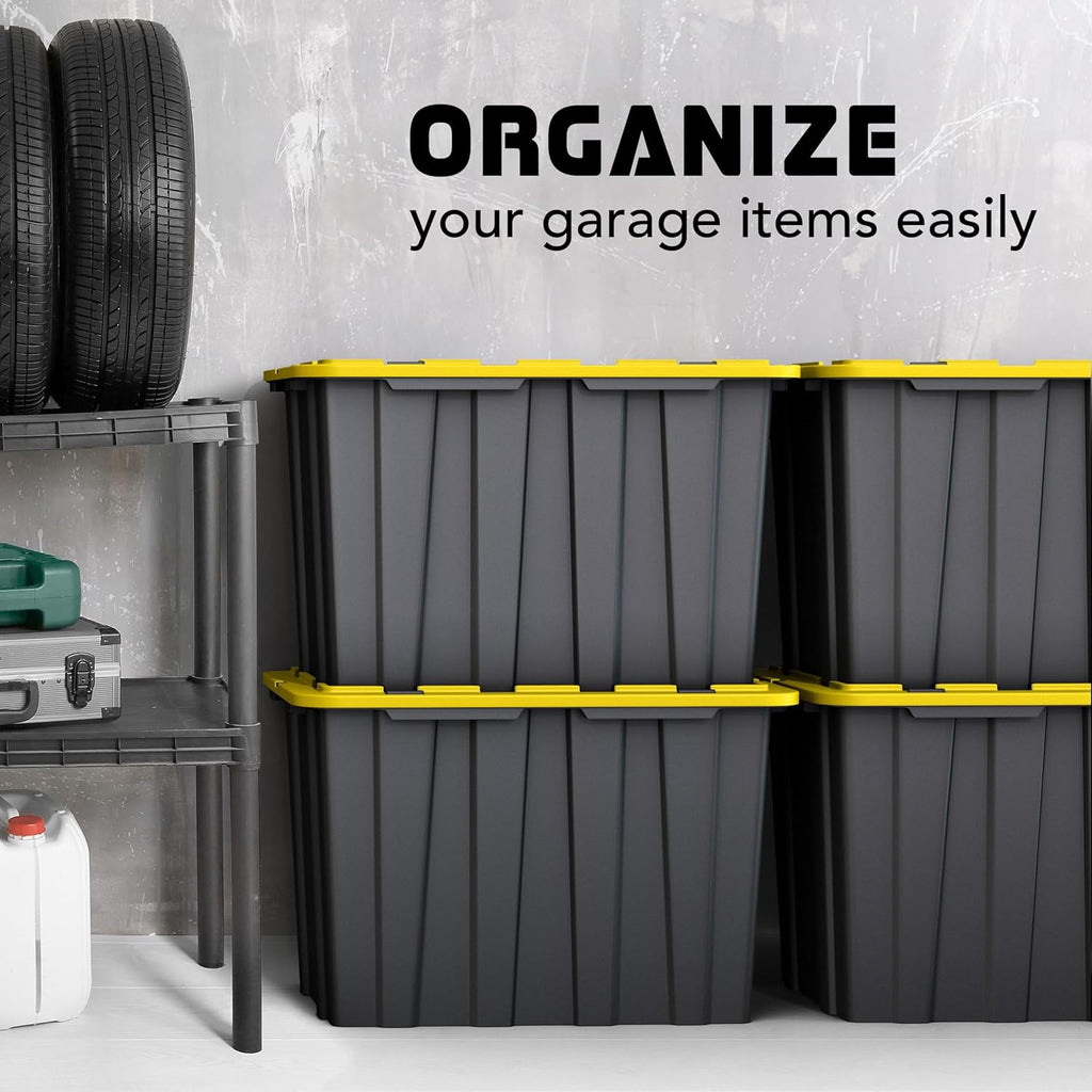 Lifetime Home 4 PACK of X-Large 23 Gallon Plastic Storage Bin Tote Organizing Container with Secure Latching Lids, Stackable, Extra Strength with Built in Handle - Black & Yellow