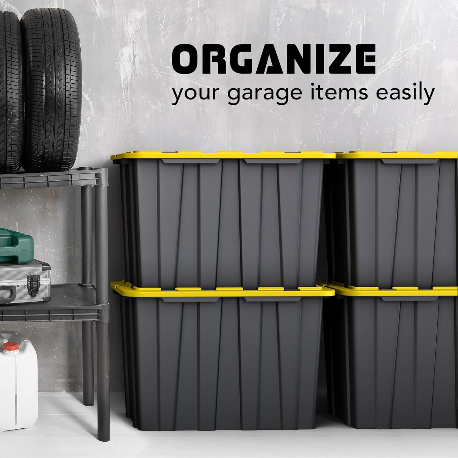 Lifetime Home 4 PACK of X-Large 23 Gallon Plastic Storage Bin Tote Organizing Container with Secure Latching Lids, Stackable, Extra Strength with Built in Handle - Black & Yellow