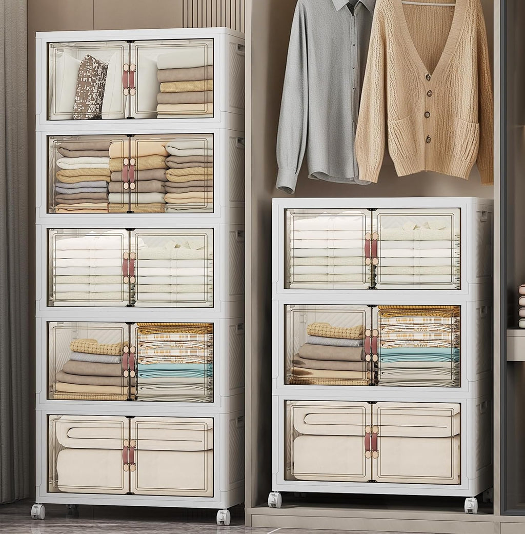 Extra Large Stackable Storage Bins with Lids & Wheels & Door, 896QT-112QT/28GAL*8Pack Foldable Collapsible Closet Organizers, Plastic containers drawers for bedroom Dorm