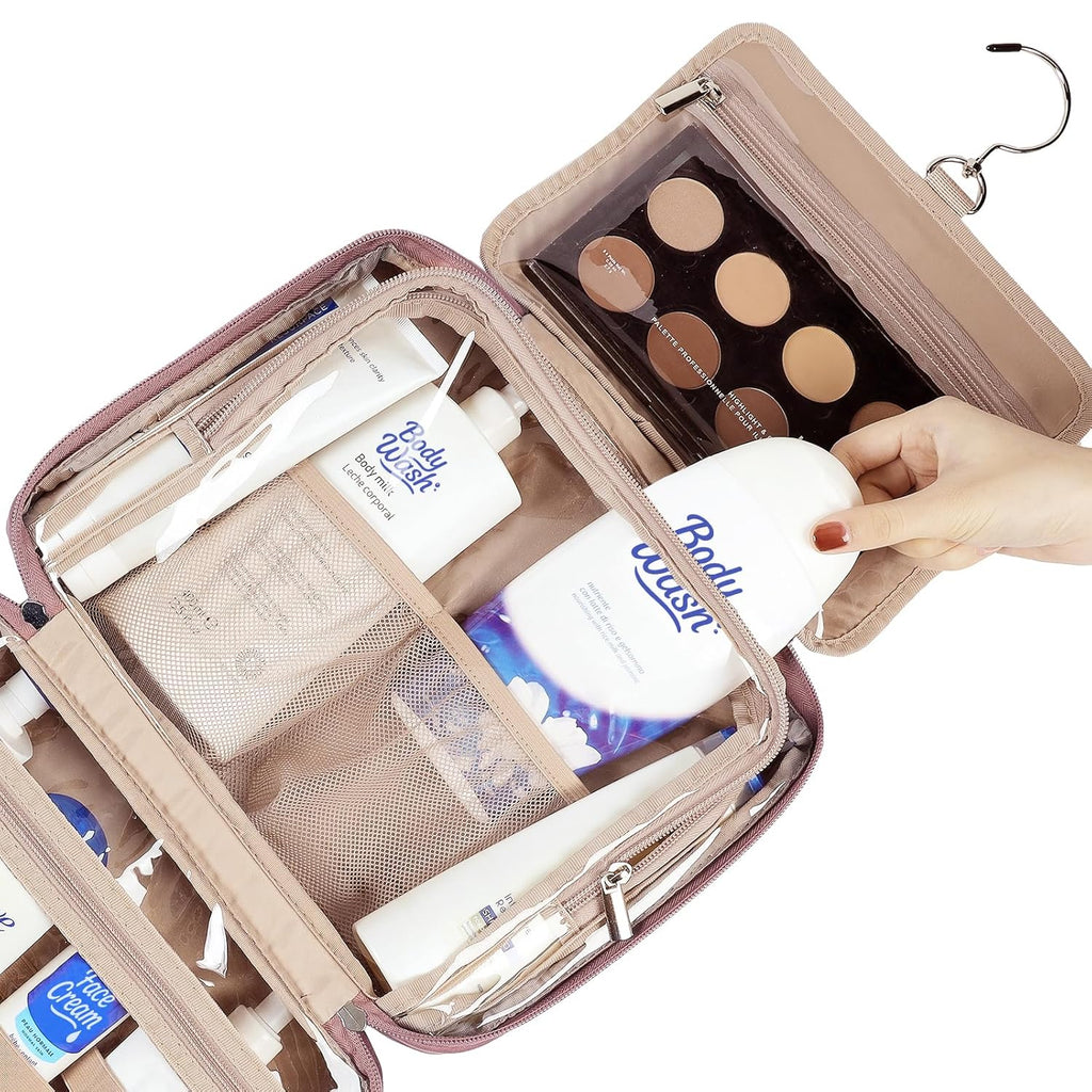 NISHEL Travel Toiletry Bag for Women, Makeup Essentials Organizer, Hanging Case for Accessories, Cosmetics, Large Size, Rosewood-Pink