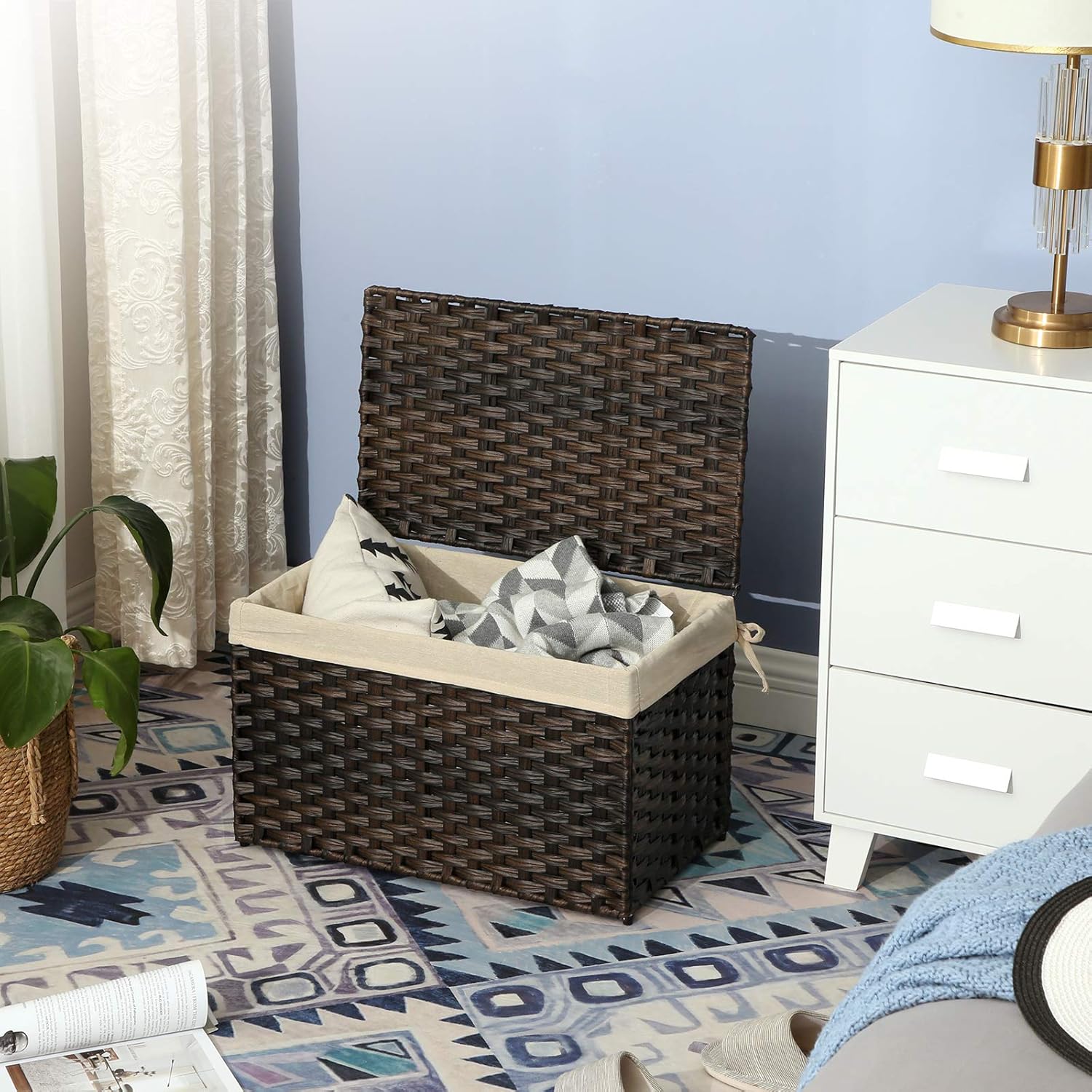SONGMICS Storage Basket with Lid, Woven Blanket Storage Bin with Handles, Foldable, Removable Liner, Metal Frame, for Bedroom, Laundry Room, 17.2 Gallons (65 L), Brown URST56BR