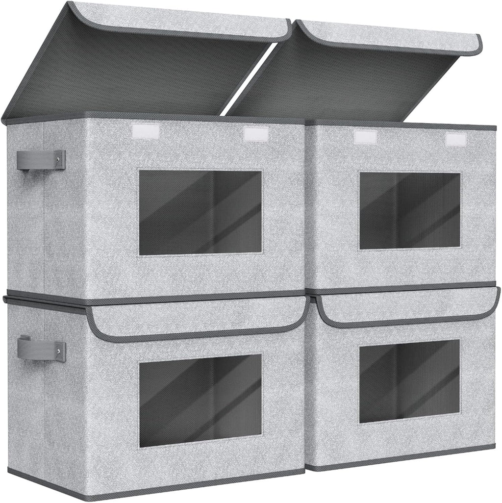 Univivi Fabric Foldable Storage Boxes [4-Pack] Large Collapsible Stackable Storage Bins with Lids, Closet Organizers and Storage Cube Basket for Home, Office, Bedroom (Gray, 17“ x 12” x 12")
