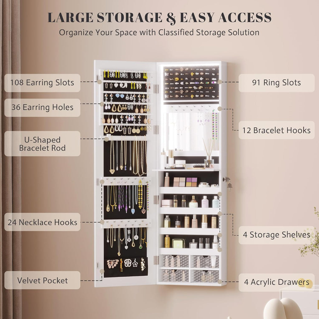 Vlsrka 47.2" LED Jewelry Mirror Cabinet, Wall/Door Mounted Jewelry Armoire Organizer with Full Length Mirror, Large Storage Hanging Cabinet, 4 Drawers, 5 Shelves, Built-in Lighted Mirror (White)