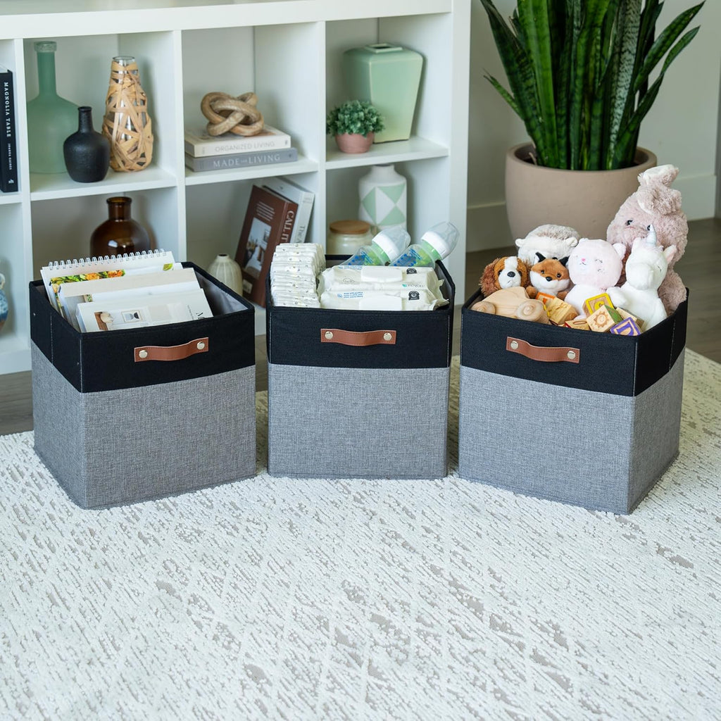 OrganiHaus 13" x 13" x 13" Cube Fabric Storage Bins Set of 4, Fabric Storage Cubes w/ Vegan Handles, 13 inch Collapsible Bins for Clothes & Toy Organizer, 13x13 Basket for Kallax - Grey/Black