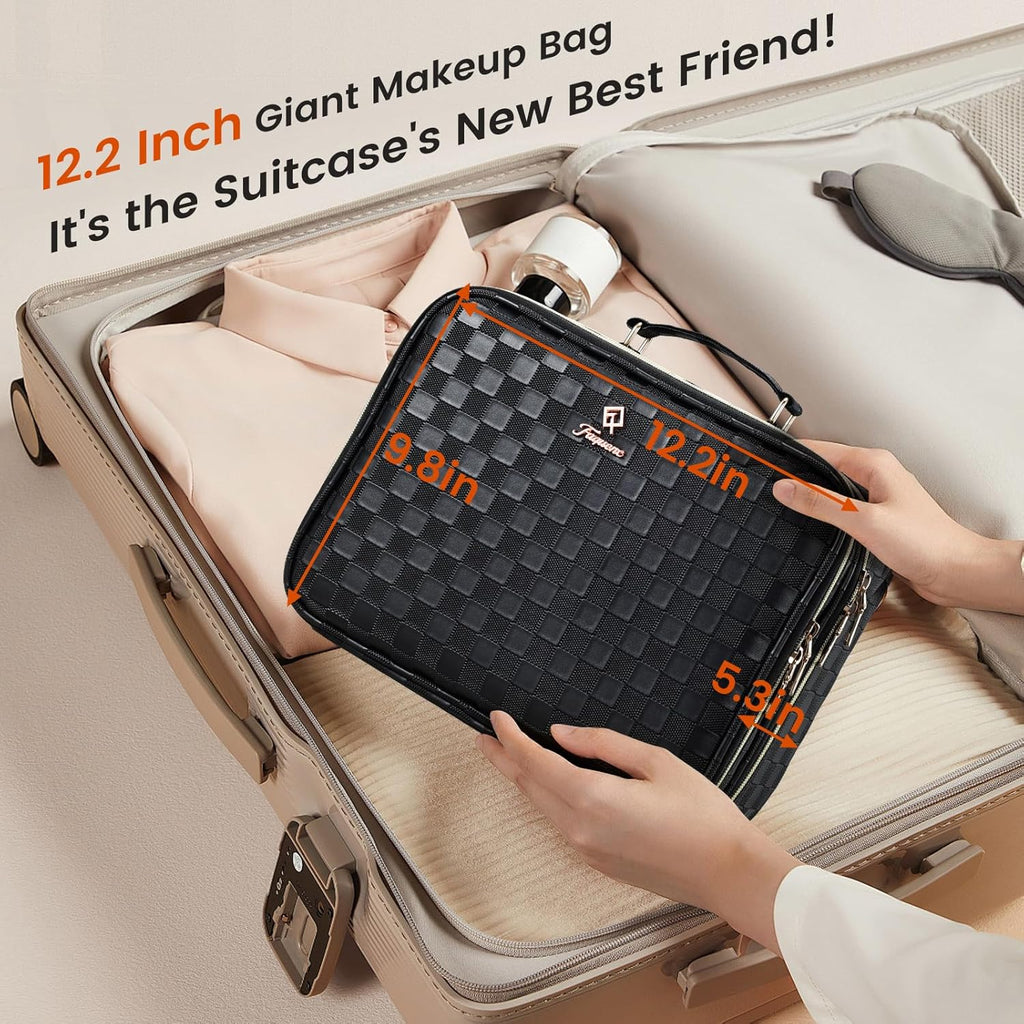 Makeup Bag with LED Lighted Mirror 12.2 IN Travel Double Layer Makeup Case Adjustable Brightness in 3 Colors Cosmetic Organizer Artist Storage with Dividers Brush Holder Vanity Black Checkerboard