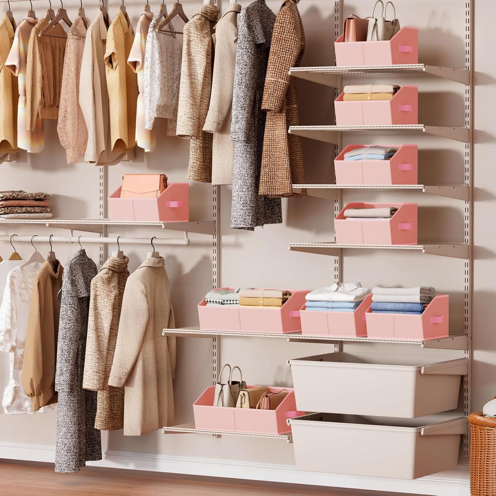 Storage Bins for Shelves - Small Trapezoid Closet Shelf Organizer, Fabric Organization Bins with Handles, Storage Baskets for Clothes, Towel, Purse, 4 Pack, Pink