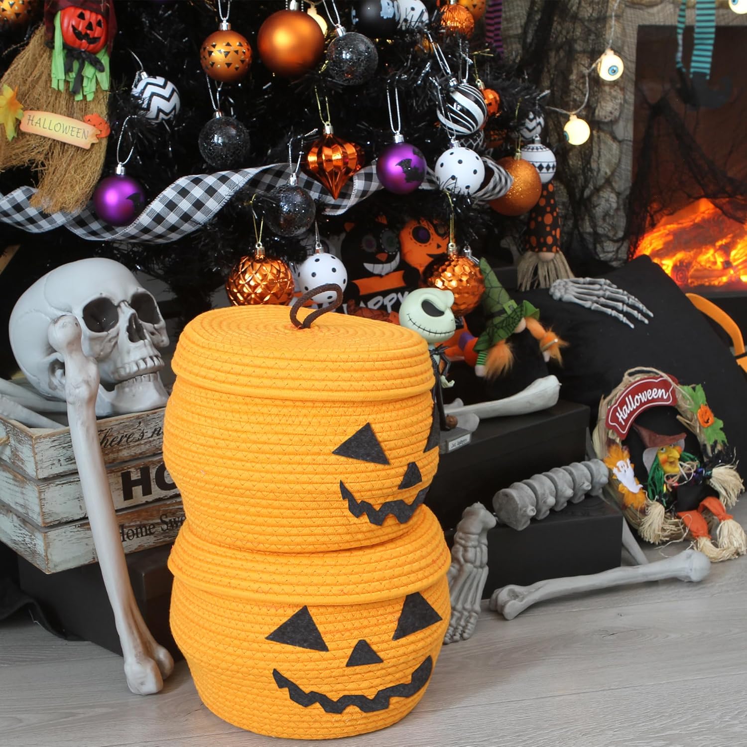 Sea Team Round Cotton Rope Storage Basket with Lid, Halloween Pumpkin Woven Storage Bin, Pot, Caddy, Organizer, Container for Snacks, Towels, Plants, 10 x 7.5 Inches (Small, Orange)