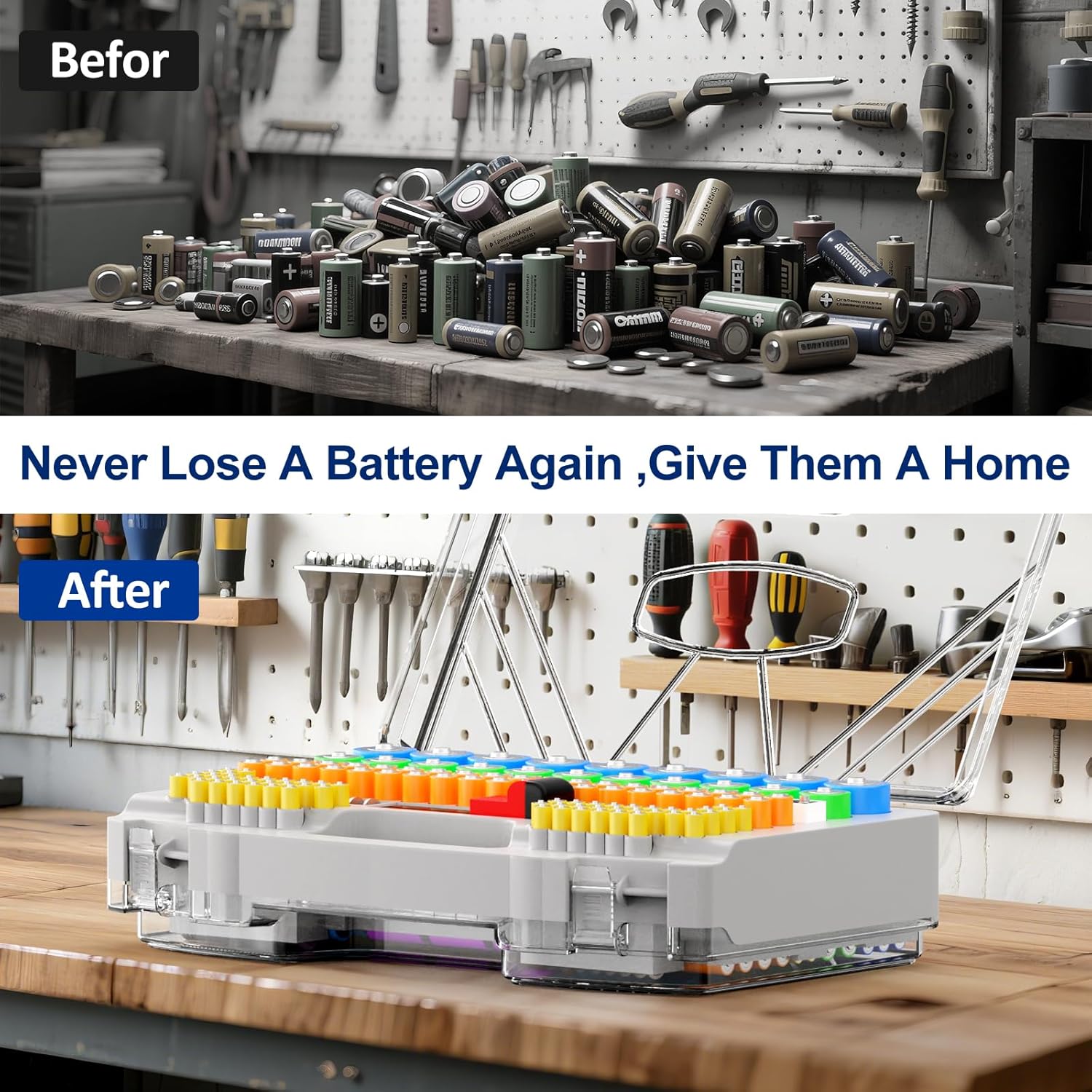 Battery Organizer Storage Holder Box Case with Tester, New Ultra-Large 285+Batteries Double-Sided Variety Pack, Holds AA AAA 4A C D 9V 3V Button Cell Lithium18650 CR2 CR123 CR1632 LR44 (Grey)