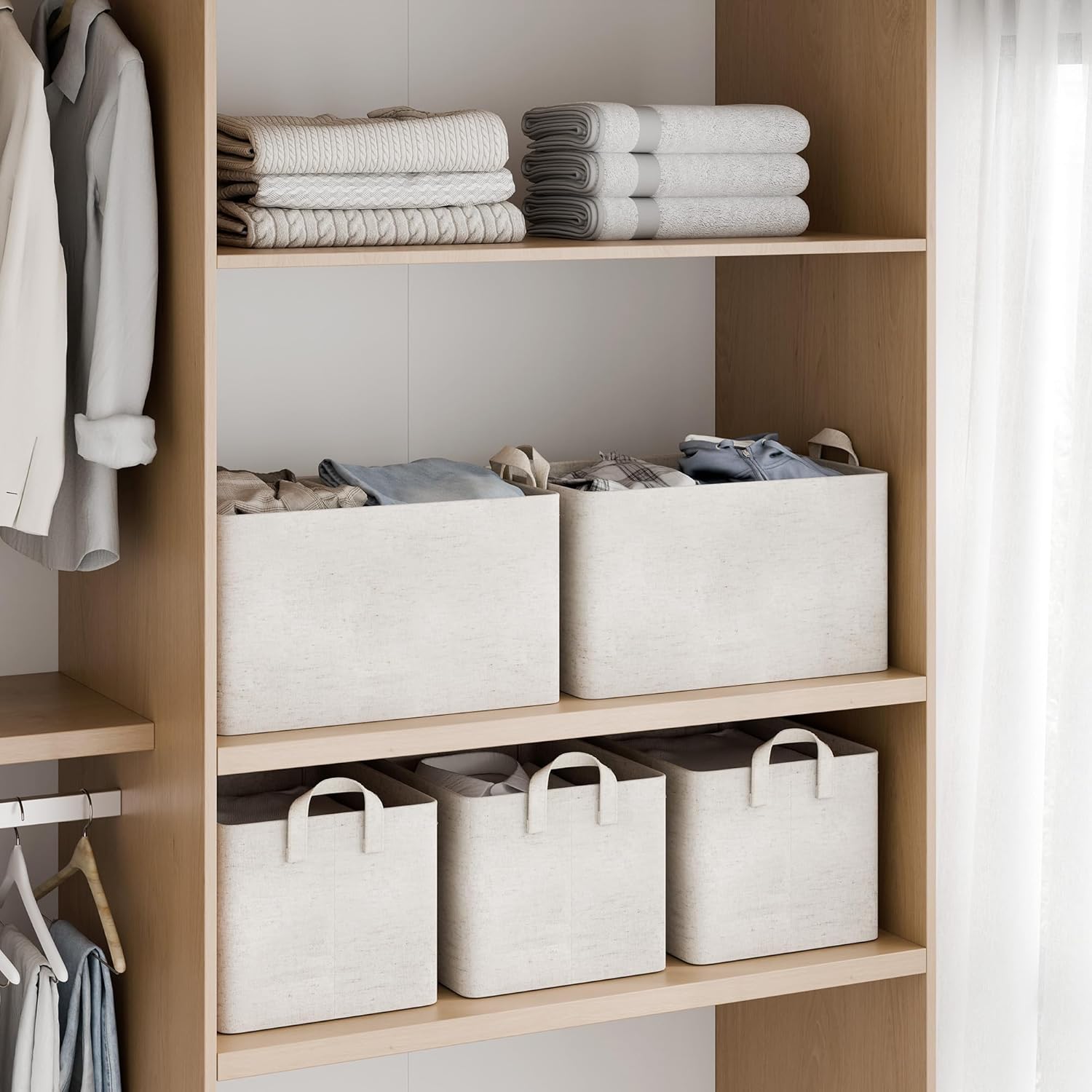 StorageWorks Storage Bins, Shelves Baskets for Organizing, 45L Extra Large Fabric Closet Organizers with Handles, Metal Frame, Beige（Cotton-linen）, 2-Pack