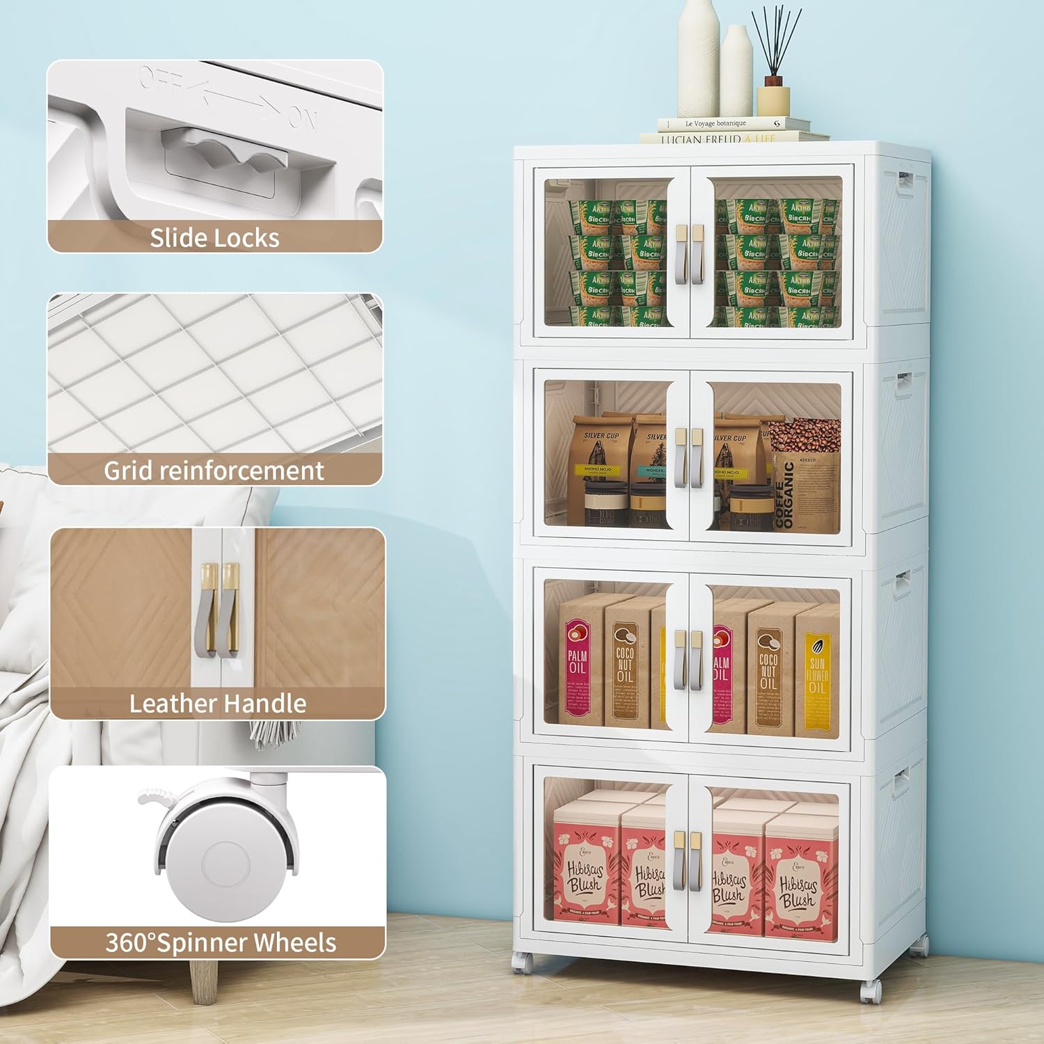 Large Clear Stackable Storage Bins with Lids, Foldable Storage Cabinet for Closet Organizers and Storage, Plastic Storage Box with Wheels 180 QT