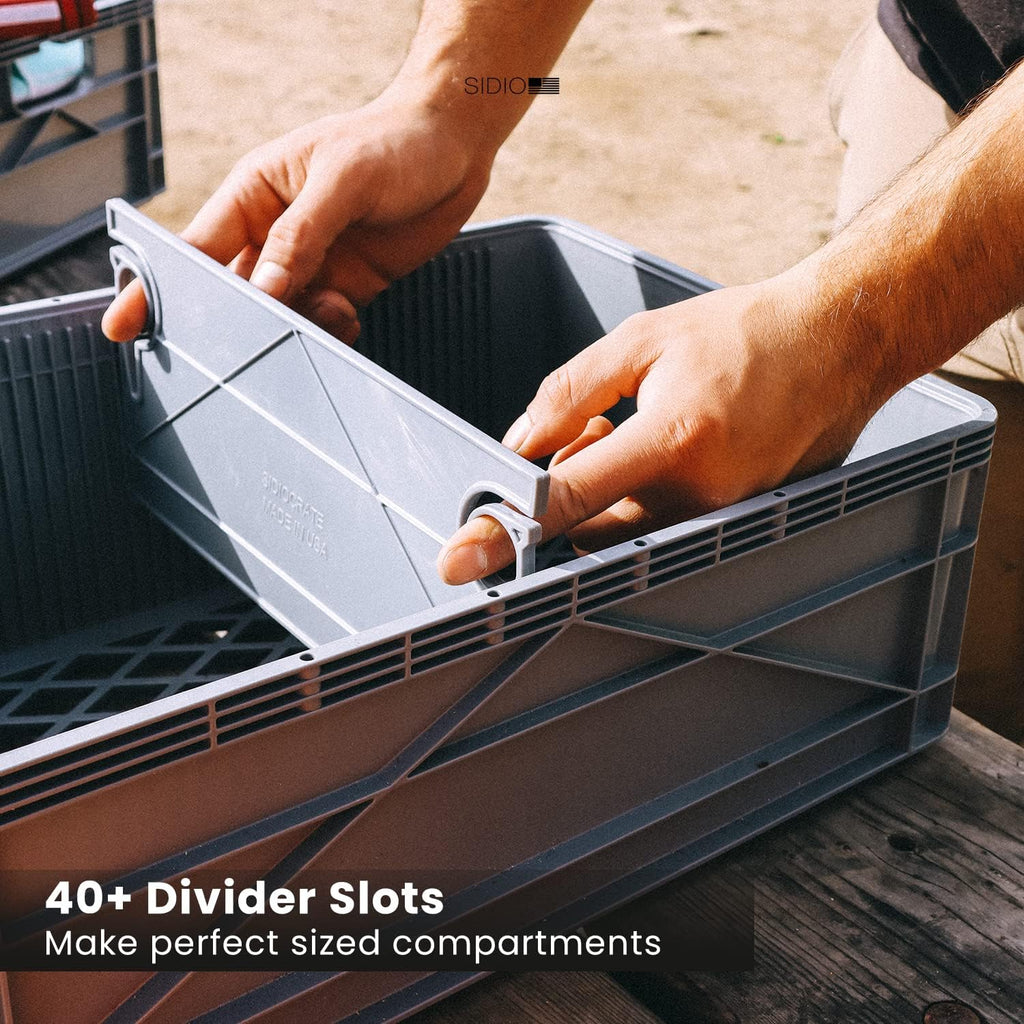 SIDIO CRATE Pro Pack - Two Full Size and One Half Size Heavy Duty Stackable Storage Bins, Totes and Containers with Lids and Dividers - Durable Organizer for Home, Office, Garage, and Outdoor Use