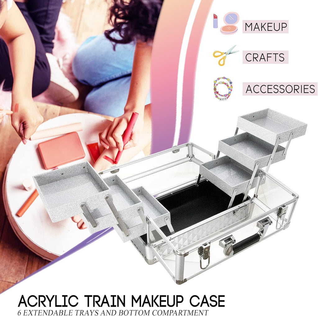 Ver Beauty Makeup Train Case 14 inch Armored Acrylic Large Portable Cosmetic Case 6 Trays Professional Storage Organizer Box Make Up Artist Jewelry Nail Kits Crafts Display Brush Holder- Silver