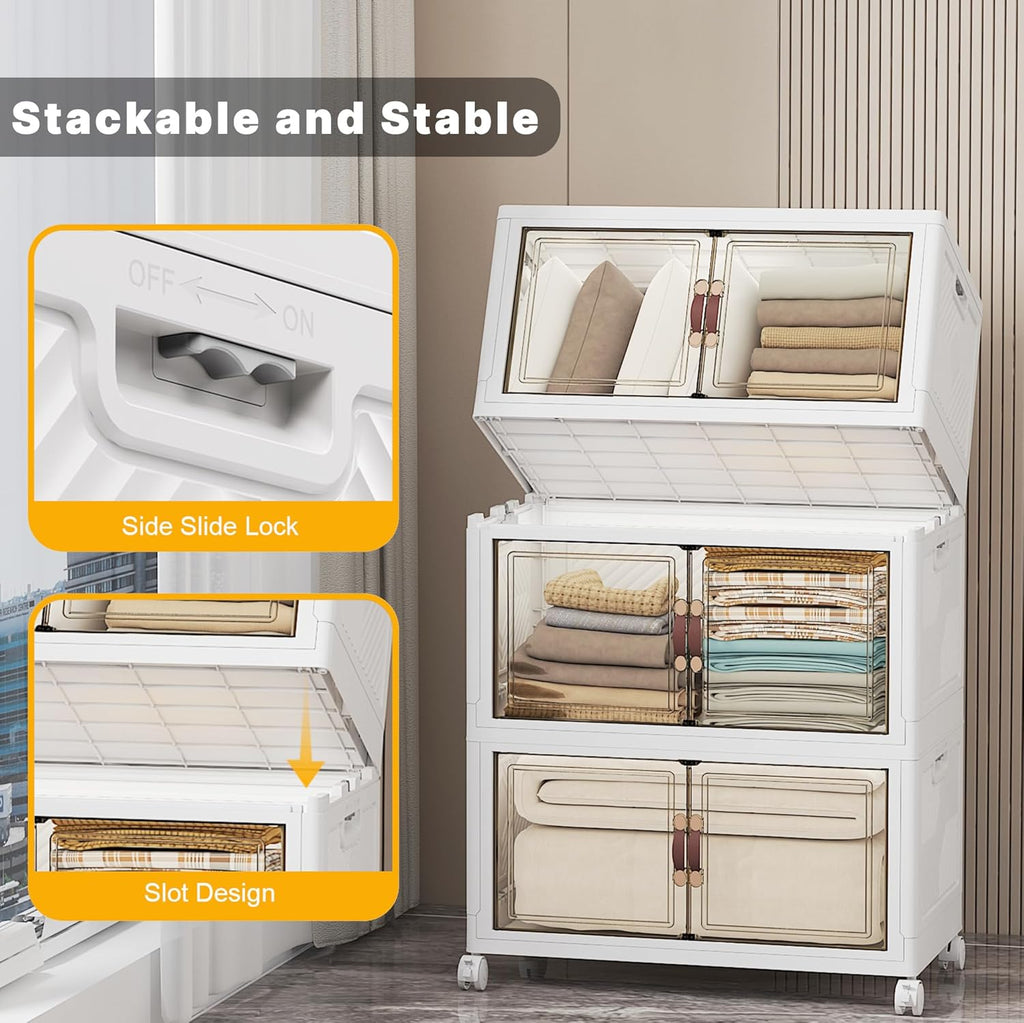 Extra Large Stackable Storage Bins with Lids & Wheels & Door, 336QT-112QT/28GAL*3Pack Foldable Collapsible Closet Organizers, Plastic containers drawers for bedroom Dorm