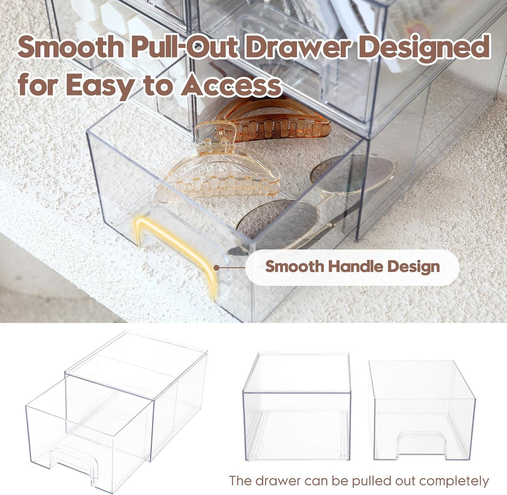 Sea Team 4-Pack Clear Makeup Organizer with Drawers, Acrylic Plastic Cosmetic Display Case, Jewelry Storage Box, Holder for Dresser, Bathroom, Vanity, Kitchen Cabinets, Pantry, Countertop