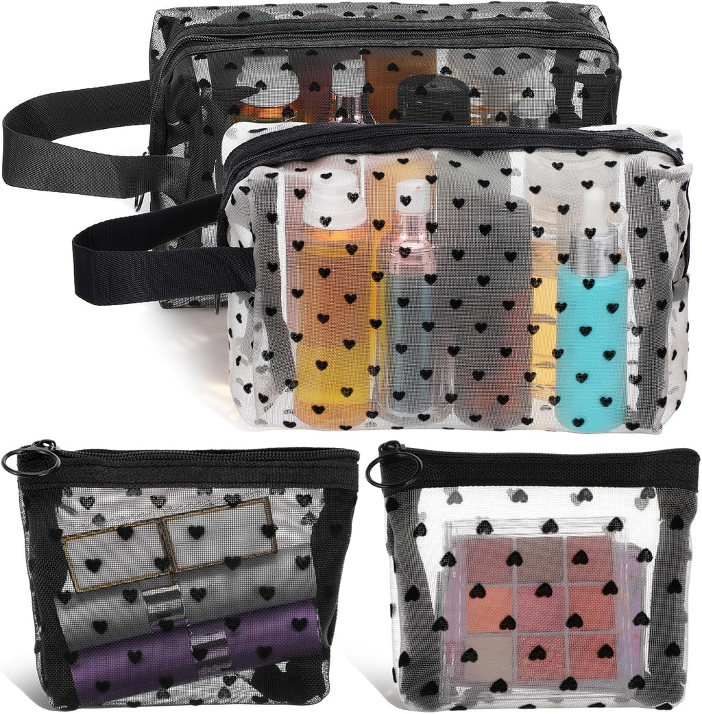 4 PCS Heart Printed Mesh Makeup Bag Set, White & Black Mesh Makeup Bag with Zipper Lipstick Accessories Organizer Mini Travel Organizer Bags for Women(2 Small 2 Square Handle)