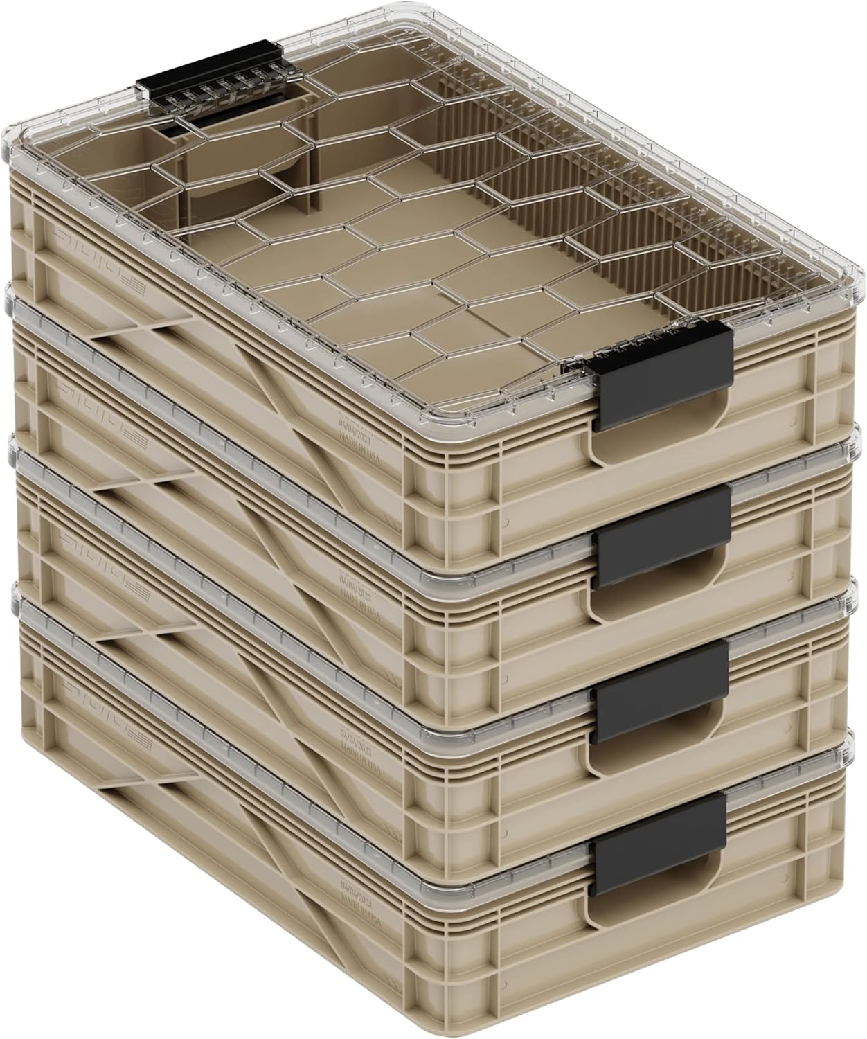 SIDIO Quarter Crate 4 Pack of Stackable Storage Bins - Organizer Bins with Dividers for Garage Organization, Home Storage - Heavy Duty Plastic Containers - 19.16” x 12.75”x 4.57” (Tan)