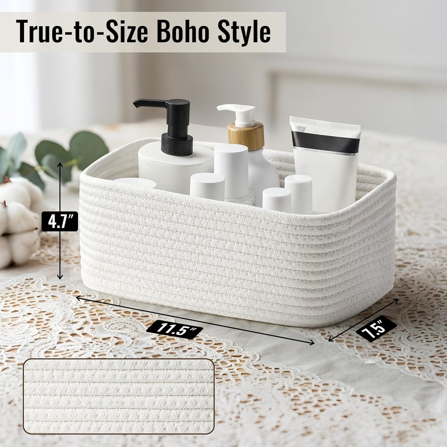8 Pack Small Storage Baskets for Organizing, Woven Rope Bins for Bathroom, Closet, Shelf Organizer, Cute Cube Decorative Box for Towels, Baby Nursery, Toys, Gift Empty Baskets - 11.5"x7.5"x4.7"-White