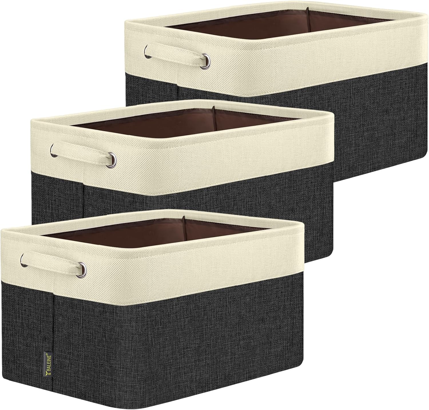 BALEINE 3 Pack Fabric Storage Bins for Shelves, Linen Storage Baskets for Organizing, Decorative Closet Bins for Clothes, Home (Black, 17''x13''x10.5'')