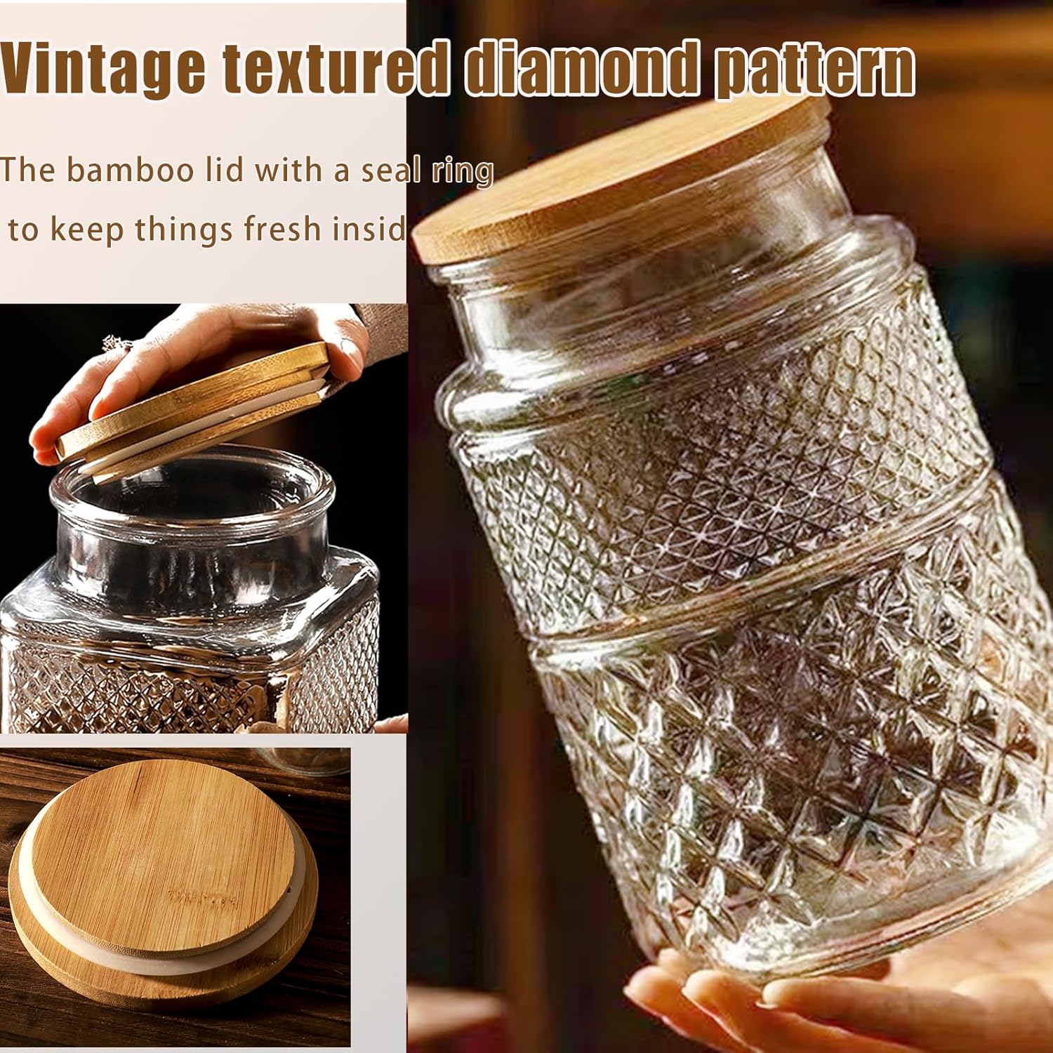 Viovian Vintage Glass Jar with Lid Wood Spoon 60 OZ Round Thick Glass Storage Jars Airtight Lids Decorative Canister Container for Food Candy Cookie Sugar Coffee Tea Nuts Snack Bath Salt