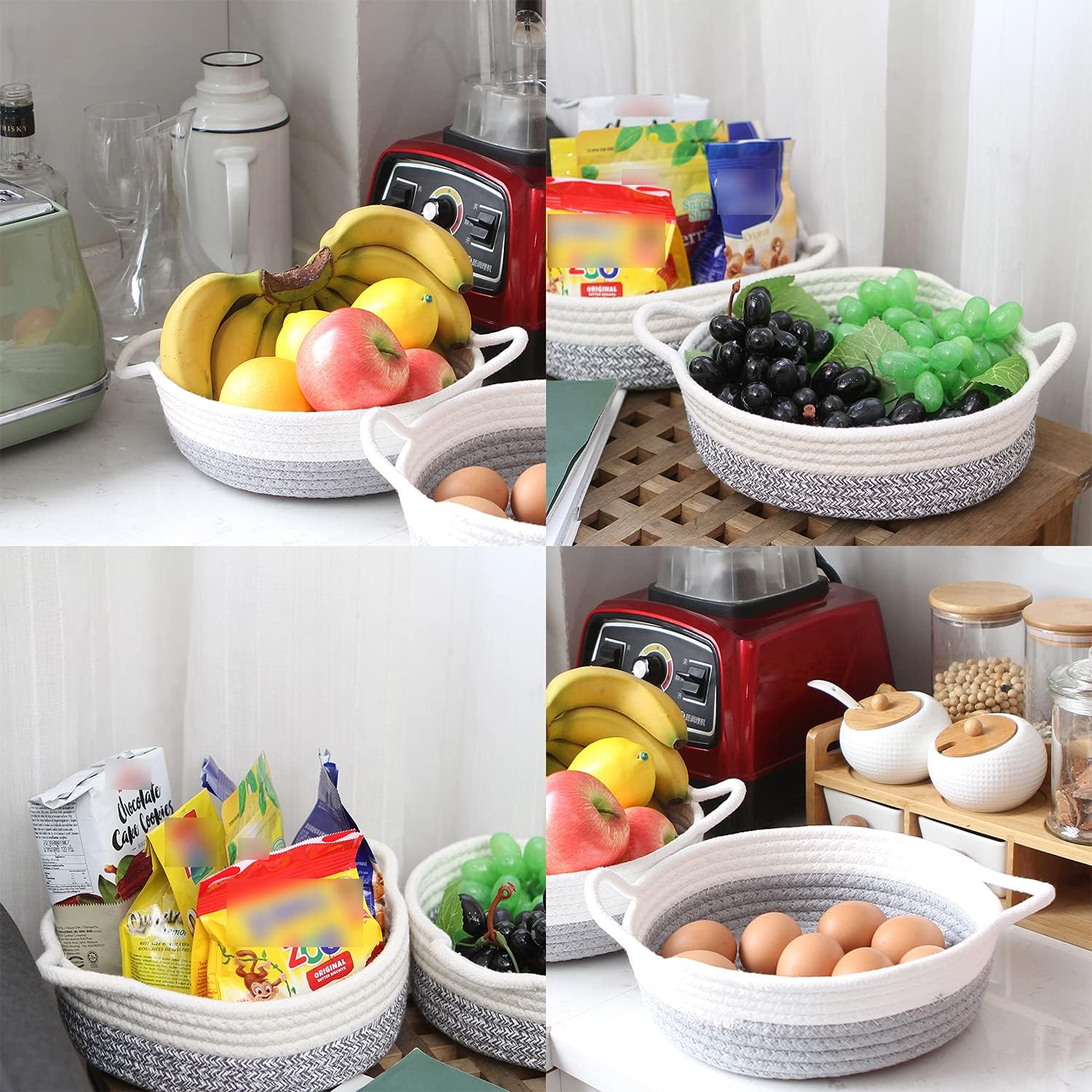 Sea Team 2-Pack Cotton Rope Baskets, 10 x 3 Inches Small Woven Storage Basket, Fabric Tray, Bowl, Round Open Dish for Fruits, Jewelry, Keys, Sewing Kits (Grey & White)